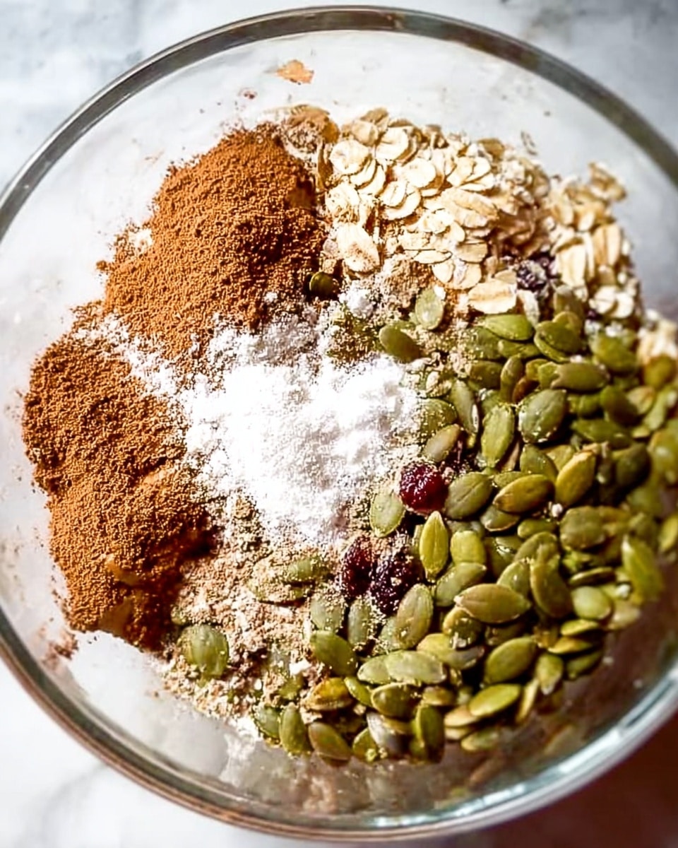 A clear glass bowl sits on a white marbled surface, filled with several layers of ingredients. The bottom layer is made of green pumpkin seeds, heaped mostly on the right side of the bowl. On top of these seeds, multiple powders are spread: light brown cinnamon powder covers much of the left and upper parts, a sprinkle of white salt is situated toward the bottom left, with some light beige oat flakes mixing with the cinnamon near the center. The bowl's glass reflects light softly, showing the textures and colors clearly. Photo taken with an iphone --ar 4:5 --v 7