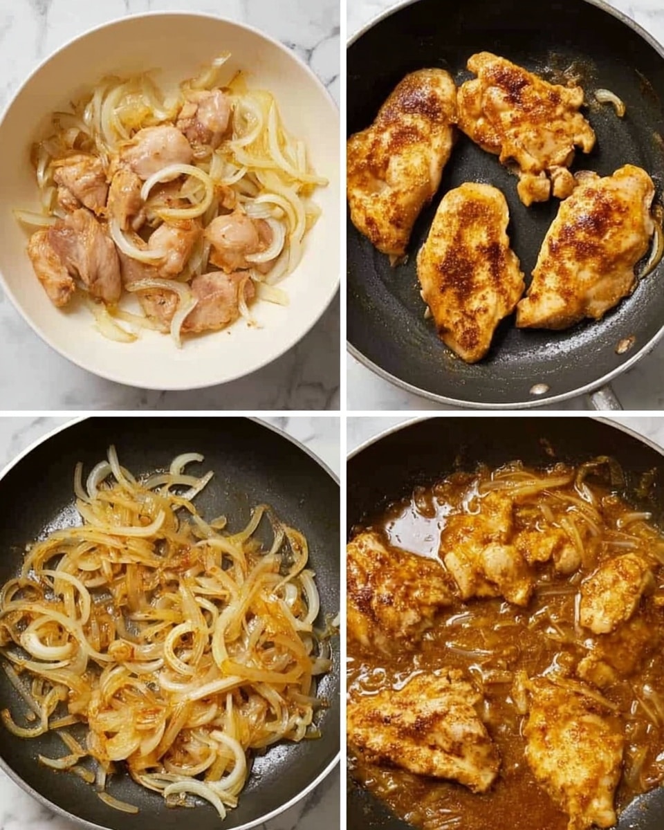 The image shows a four-panel collage of cooking chicken with onions. The top left panel has raw chicken pieces mixed with sliced onions in a white bowl with a white marbled surface. The top right panel shows four chicken pieces frying in a black pan, browned on top. The bottom left panel shows sliced onions cooking in oil in a black pan, turning light golden. The bottom right panel shows chicken pieces cooking in a brown sauce with onions in the black pan. photo taken with an iphone --ar 4:5 --v 7
