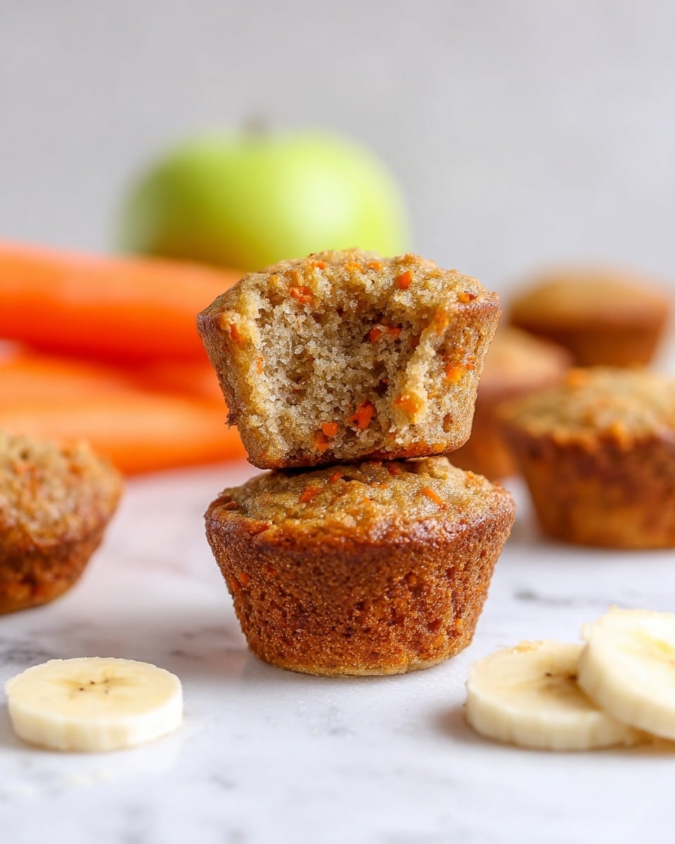 The image shows two small muffins stacked on a white marbled surface, with the top muffin bitten to reveal a moist, crumbly texture with orange and light brown specks inside. Around the main stack, there are several more muffins scattered, some whole and one partially visible on the right. In the foreground, a few round slices of banana lie flat on the surface. In the background, slightly blurred, there is a green apple and two orange carrots placed side by side. The whole scene is bright and clean, focusing on the warm, natural colors of the muffins and fruit. photo taken with an iphone --ar 4:5 --v 7