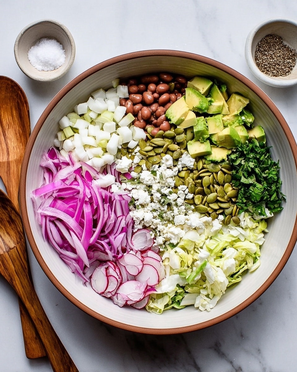 A white bowl with a brown rim holds a colorful layered salad arranged in sections. Starting from the top and moving clockwise, there are small diced white pieces, thin sliced purple onions, diced green avocado chunks, brown beans, crumbled white cheese, green pumpkin seeds, chopped fresh green herbs, thinly sliced light purple radishes, and shredded light green cabbage. The bowl sits on a white marbled surface with a small white bowl of salt and pepper nearby and wooden salad spoons to the left. photo taken with an iphone --ar 4:5 --v 7