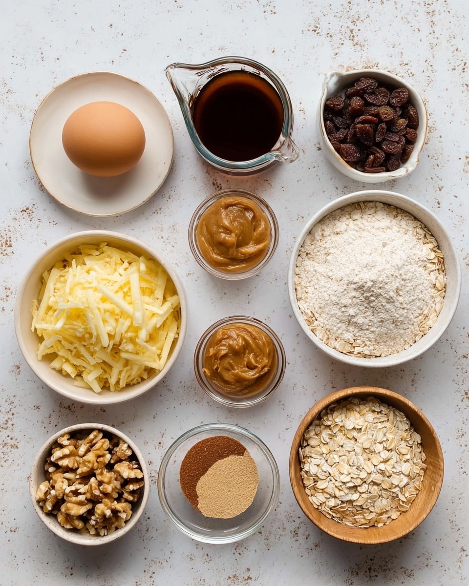 A flat lay of baking ingredients arranged neatly on a white marbled surface, including a white bowl filled with light yellow shredded apples at the bottom left, a round white bowl with light beige flour in the center, and a white bowl with light beige rolled oats at the top right. Near the flour bowl, there is a small clear bowl with light brown apple sauce and a small clear bowl with smooth light brown nut butter below it. At the top center is a small glass pitcher with dark brown liquid, next to a small white bowl with dark brown raisins. To the left, a light-colored small plate holds one whole brown egg and a small glass container with dark syrup. Lower left shows a small white bowl with chopped walnuts, and the bottom right has a wooden bowl with a mix of brown and white spices. photo taken with an iphone --ar 4:5 --v 7