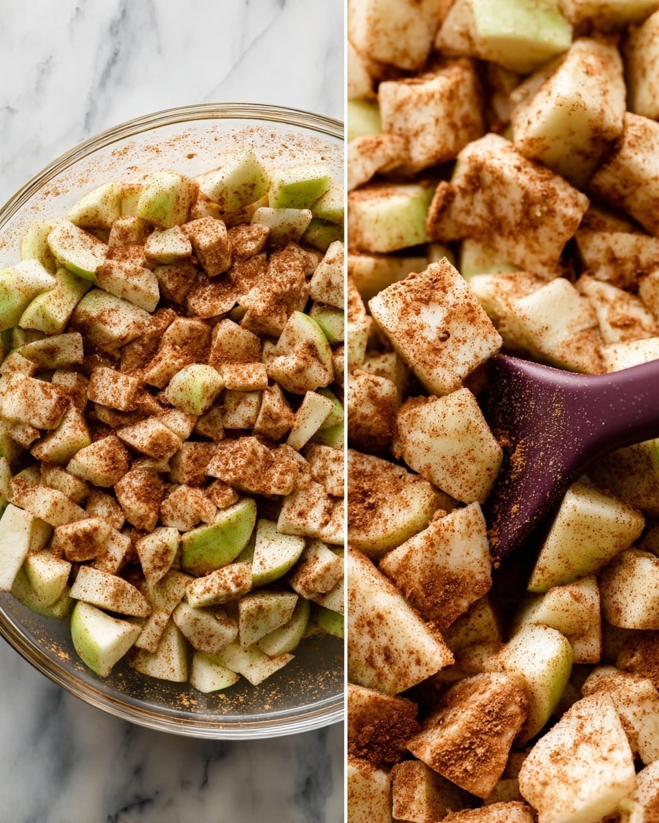The image shows a clear round bowl filled with small, uneven chunks of pale green and cream colored apple pieces mixed with a light brown powder, sprinkled evenly over the fruit, giving a speckled look. The apple pieces are coated and mixed with the brown powder, which looks like cinnamon and sugar, creating a slightly sticky texture. A dark purple spatula is placed inside the bowl, partially buried in the apple mix. The bowl is set on a white marbled surface. The right side of the image shows a close-up view of the apple chunks coated with the brown powder, emphasizing the texture and uneven surfaces of the fruit pieces. Photo taken with an iphone --ar 4:5 --v 7