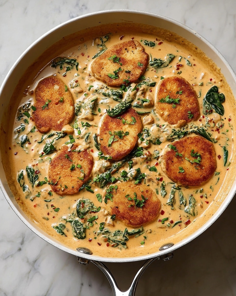 A white pan filled with a creamy, light brown sauce that has small red specks and green spinach leaves mixed throughout. On top of the sauce, there are seven golden-brown fried pieces evenly placed, each with a smooth, slightly crispy texture. Small chopped green herbs are scattered over the sauce and around the fried pieces. The pan handles are silver, and the whole dish is set on a white marbled texture background. photo taken with an iphone --ar 4:5 --v 7