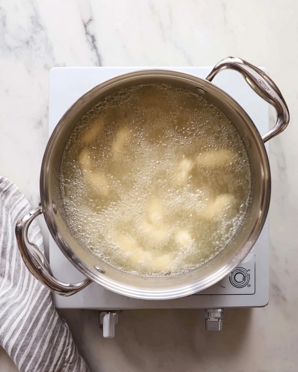 A top view of a silver metal pot filled with boiling water and small pieces of light dough cooking inside. The pot has two handles, one on each side, and sits on a small electric stove. The background is a white marbled surface with a light gray and white striped cloth on the left side. Small bubbles and steam rise from the water inside the pot, showing active cooking. photo taken with an iphone --ar 4:5 --v 7