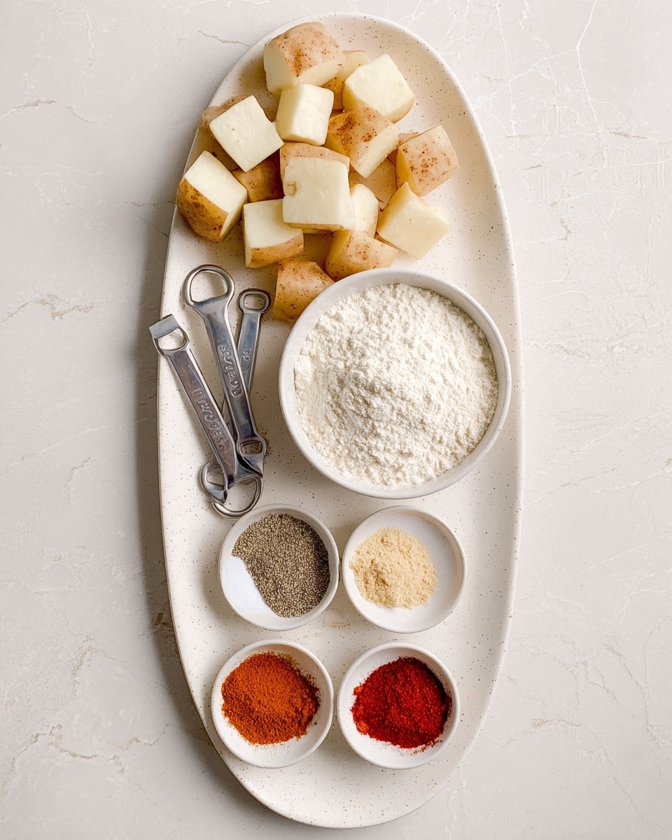 An oval white speckled plate holds several ingredients arranged neatly on a white marbled surface. At the top, there are light brown potato cubes with skin on, forming a small pile. Below them, a round white bowl filled with fine white flour sits in the center. Beneath the bowl, two metal measuring spoons with beige powder rest side by side horizontally. At the bottom, another round white bowl contains five different spices divided into separate sections: coarse black pepper, white salt, red chili powder, orange seasoning, and a small amount of tan powder. The overall composition is clean and organized, with soft natural lighting highlighting the textures. Photo taken with an iphone --ar 4:5 --v 7