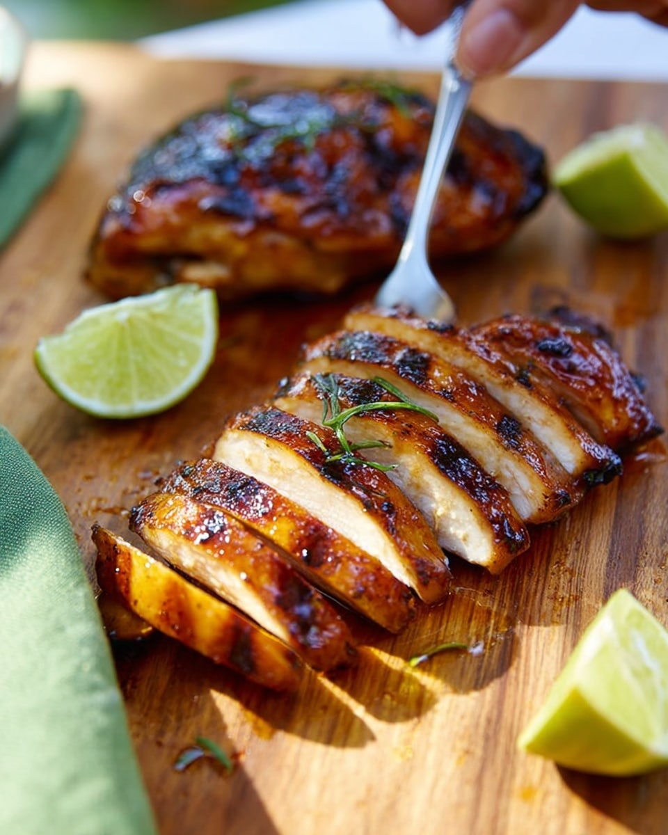 A close-up image of grilled chicken thighs on a wooden board with a glossy, golden-brown color and slightly charred edges, showing juicy texture. One chicken piece is sliced into seven thick strips arranged in a fan shape, with a sprig of green herb sprinkled lightly on top, while another whole chicken portion lies in the background. Two lime wedges with bright green flesh rest on the board's upper left and lower right sides, adding fresh color contrast. A silver fork touches the sliced chicken, and a woman's hand is reaching from the left top corner holding a green napkin. The outdoor setting has bright, natural light highlighting the textures and colors. photo taken with an iphone --ar 4:5 --v 7