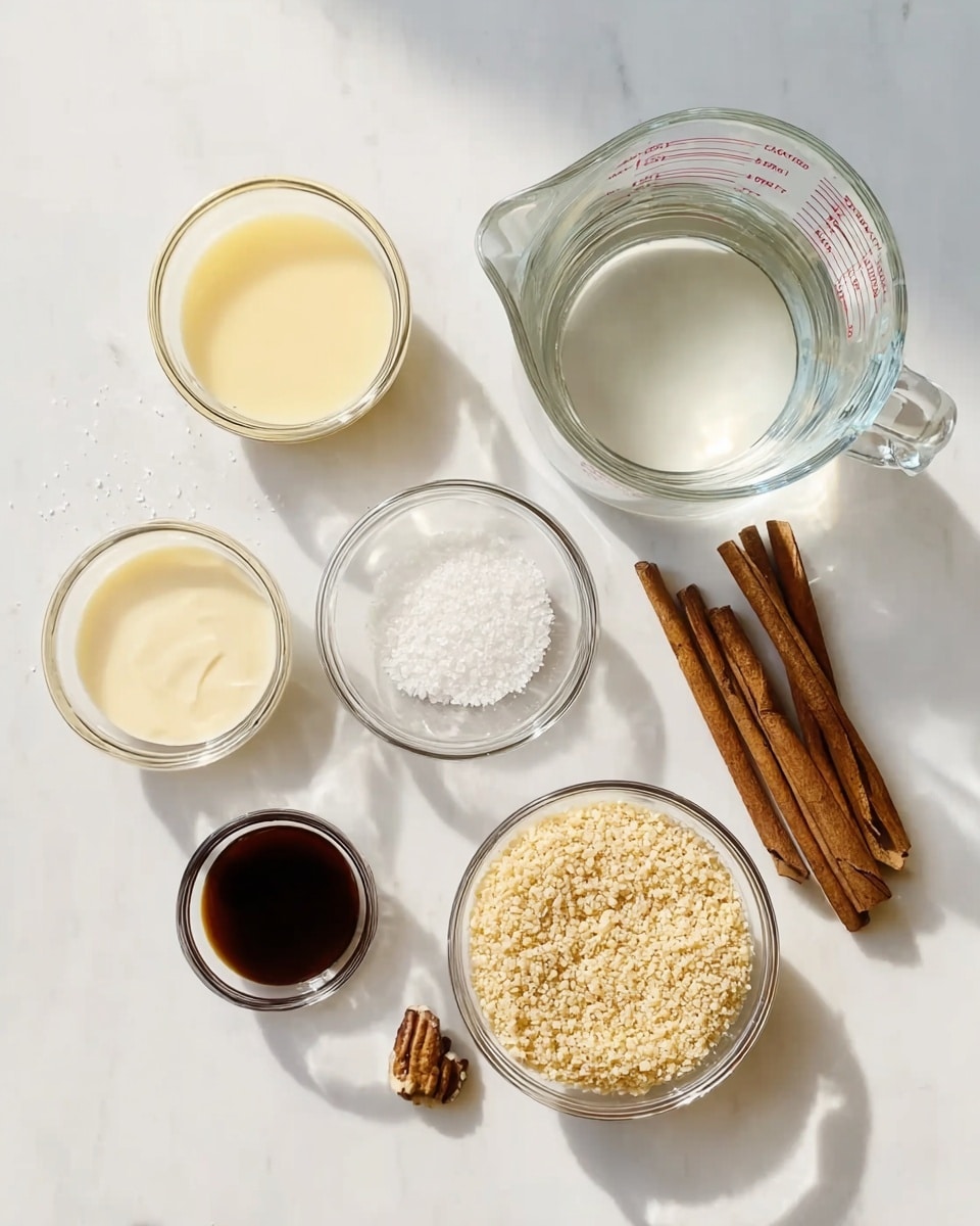 A top-down view of several clear glass bowls and a glass measuring jug placed on a white marbled surface. The largest jug contains clear water and is positioned on the right, while smaller bowls nearby hold different ingredients: a bowl with light yellow cream, a bowl with a beige liquid, a bowl of white granulated sugar, and a bowl with light brown crushed nuts. There is a tiny glass container with coarse salt between the sugar and nuts, and next to it are four cinnamon sticks arranged in a neat pile. A small bowl with dark brown vanilla extract sits near the center. The arrangement is neat and well spaced, with soft natural lighting highlighting the textures and colors of each ingredient, photo taken with an iphone --ar 4:5 --v 7