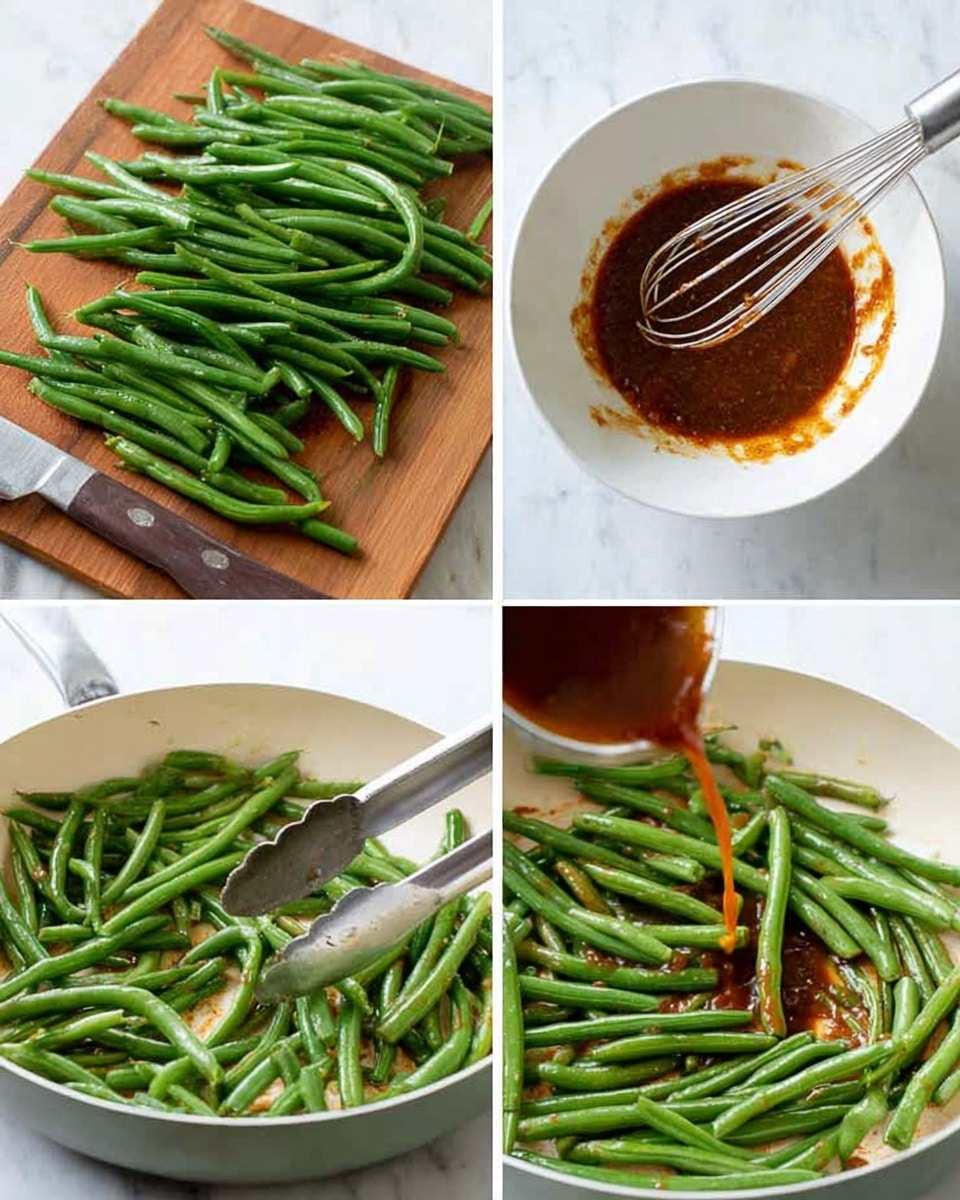 The image shows four parts of green bean cooking. The first part has many green beans spread on a wooden board with some beans cut and a knife next to them. The second part shows a white bowl with reddish brown sauce being whisked. The third part shows many green beans cooking in a white pan with metal tongs, the beans look shiny and cooked. The fourth part shows the reddish brown sauce being poured from a white bowl onto the green beans in the white pan. The background is a white marbled surface. Photo taken with an iphone --ar 4:5 --v 7