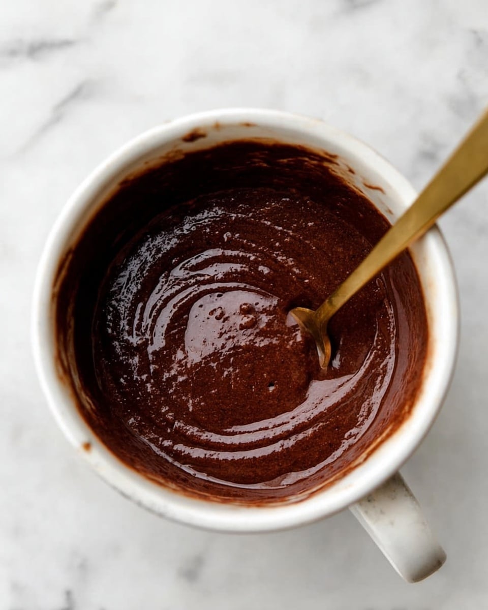 Top view of a white mug filled with thick, rich dark brown chocolate batter that has a smooth, glossy texture with some air bubbles. A gold spoon is partially dipped into the batter, resting inside the mug, showing swirled patterns on the surface. The mug is placed on a white marbled surface with subtle grey veins visible. photo taken with an iphone --ar 4:5 --v 7
