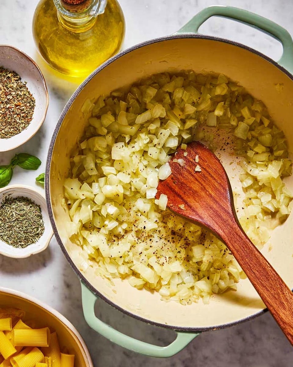 A large light green pot with a cream inside holds finely chopped onions cooked with herbs and black pepper, showing a soft, translucent texture in pale yellow and light brown tones. A wooden spatula with a flat, wide end is stirring the onions from the top right side, its rich brown color contrasting with the light-colored vegetables. Around the pot, on a white marbled surface, there is a small white bowl with mixed dried herbs, a glass bottle filled with golden cooking oil, and a bit of fresh green basil visible at the edge of the frame, along with a white bowl containing yellow pasta on the bottom right corner. photo taken with an iphone --ar 4:5 --v 7
