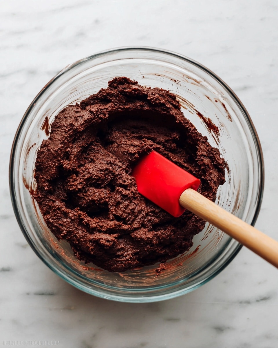 A clear glass bowl holds a thick, dark brown chocolate dough with a rough, slightly chunky texture. A red silicone spatula with a wooden handle is partially stuck into the dough on the right side, resting inside the bowl. The bowl sits on a white marbled surface that adds a clean, bright background to the scene. photo taken with an iphone --ar 4:5 --v 7