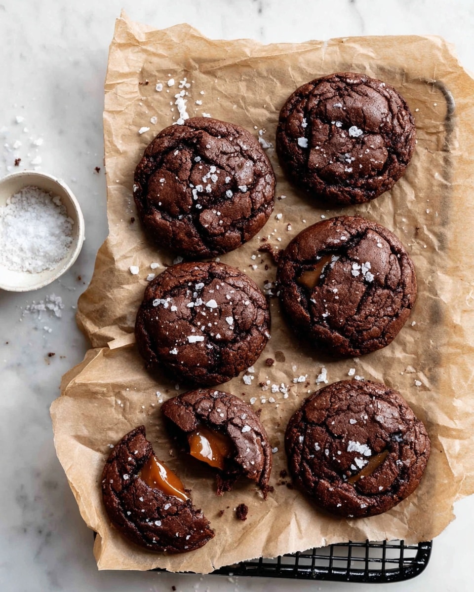 Six dark brown, thick chocolate cookies are arranged on crumpled brown parchment paper over a black cooling rack sitting on a white marbled surface. Each cookie is round and slightly cracked on top, with a few coarse salt flakes sprinkled over them. One cookie near the center is broken open, revealing a melted caramel filling inside. Small crumbs and scattered salt surround the cookies. To the left, there is a small white bowl filled with coarse salt. photo taken with an iphone --ar 4:5 --v 7