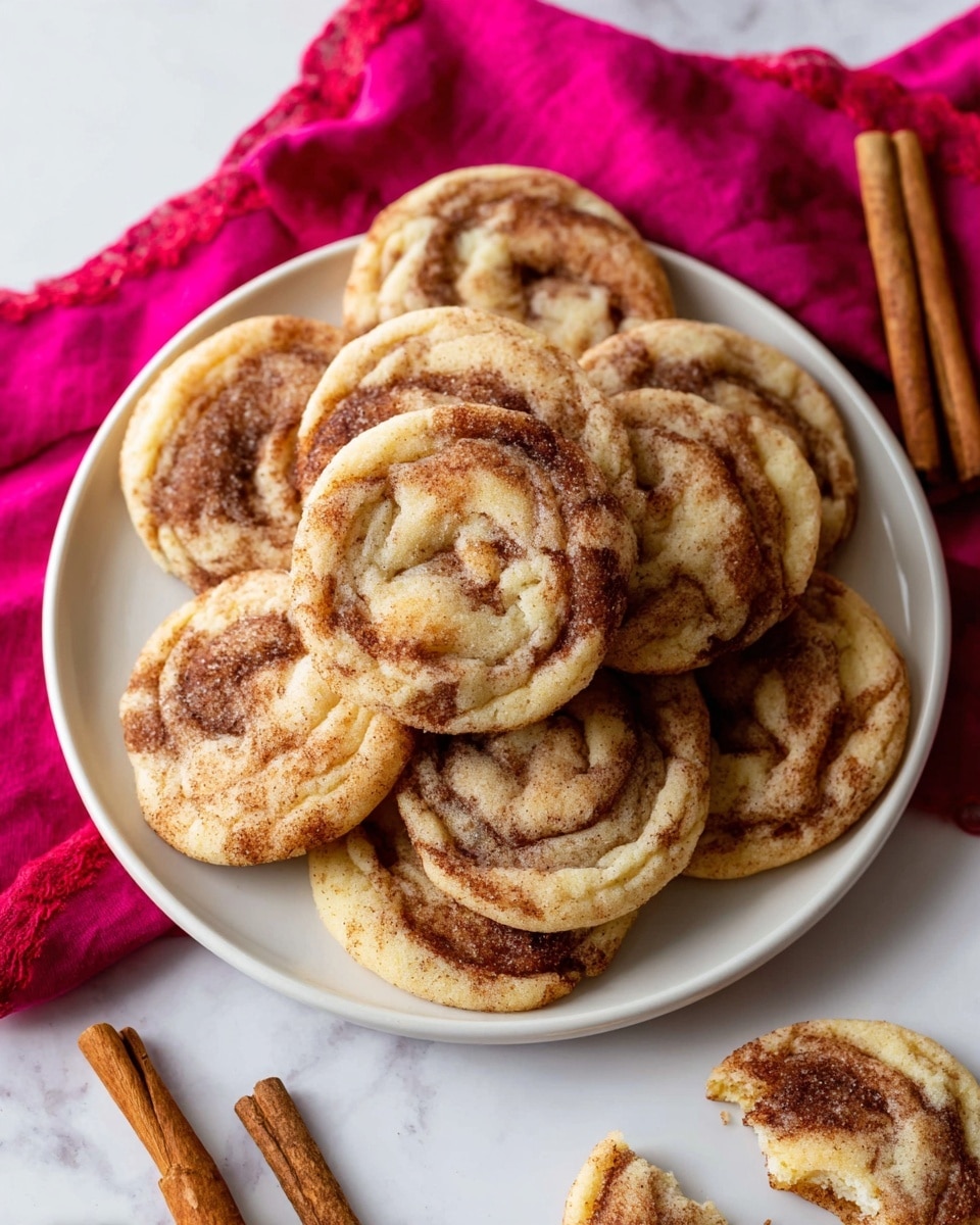 A white round plate filled with about ten soft cookies that have swirled brown cinnamon patterns on top, each cookie showing a light golden color with darker brown areas where the cinnamon swirls are. The plate rests on a bright pink cloth on a white marbled surface with three cinnamon sticks around it. There are two cookies outside the plate, one fully shown and another broken with visible soft inside texture. Photo taken with an iphone --ar 4:5 --v 7
