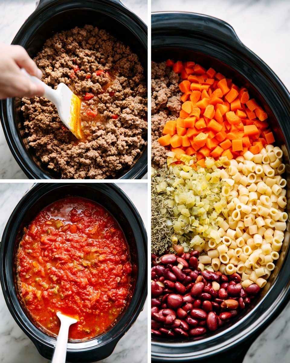 The first image shows a black pan filled with cooked ground meat, slightly browned and crumbly, with a woman's hand holding a white spatula stirring it. The second image displays a black slow cooker filled with several ingredients placed separately in layers: bright red tomato sauce on the left, finely chopped orange carrots and light green celery in the middle, small white diced onions, ground meat cooked and crumbled on the right, and a sprinkle of dried herbs on top. The third image reveals the slow cooker with added ingredients on top of the tomato sauce and vegetable base: pale off-white cannellini beans on the left, small tubular pale yellow pasta in the middle, and dark red kidney beans on the bottom right, with a woman's hand holding a white spoon partially visible inside the cooker. All are set against a white marbled texture. photo taken with an iphone --ar 4:5 --v 7