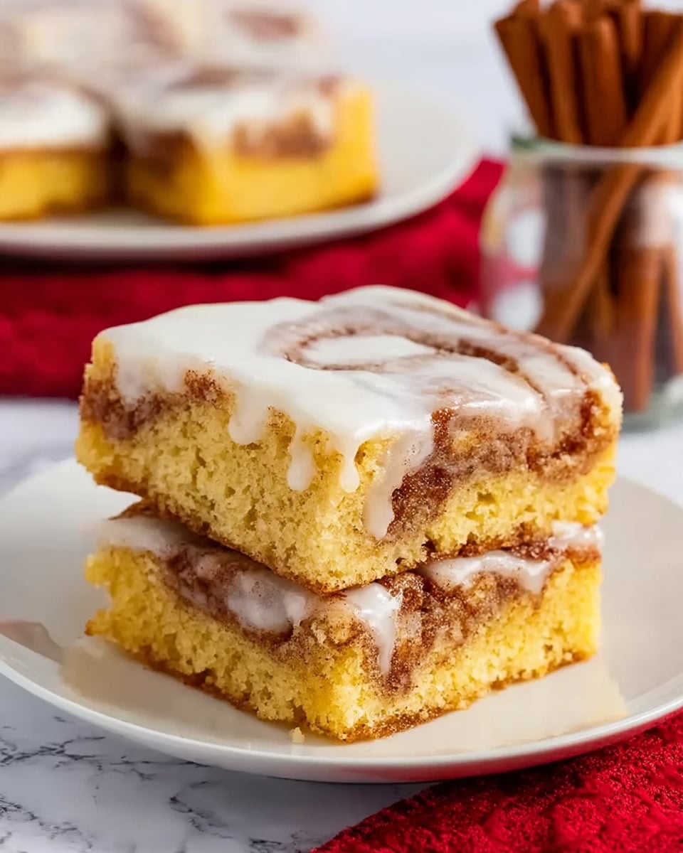 The image shows two square pieces of cinnamon roll cake stacked on a white plate, placed on a white marbled surface. Each piece has visible layers: a golden yellow cake base, a thick swirl of light brown cinnamon filling inside, and a smooth, shiny white icing spread evenly on top. The texture of the cake looks soft and moist, while the icing has a glossy, creamy finish. In the background, more slices of the same cake are visible, also on a white plate, and a glass jar with cinnamon sticks stands to the side. The overall setting includes a red cloth adding a warm contrast. Photo taken with an iphone --ar 4:5 --v 7
