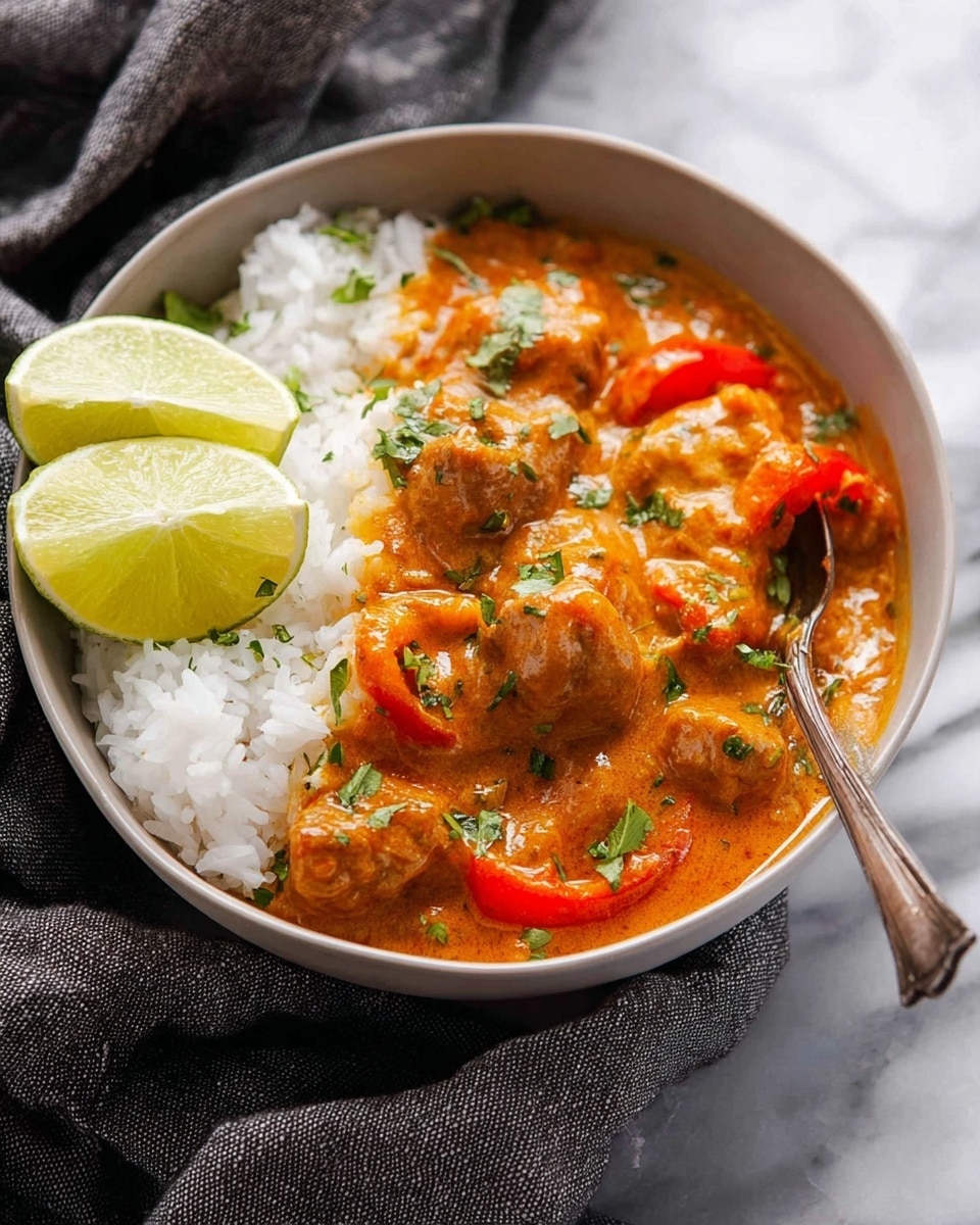 A bowl with three main layers: the bottom layer is white rice, topped with a thick orange curry sauce with chunks of meat and sliced red peppers. The curry is garnished with small green herb pieces scattered on top. On the left side of the bowl are three lime wedges leaning against the curry. A silver spoon is placed inside the bowl on the right edge. The bowl is white and sits on a soft gray cloth on a white marbled surface. Photo taken with an iphone --ar 4:5 --v 7