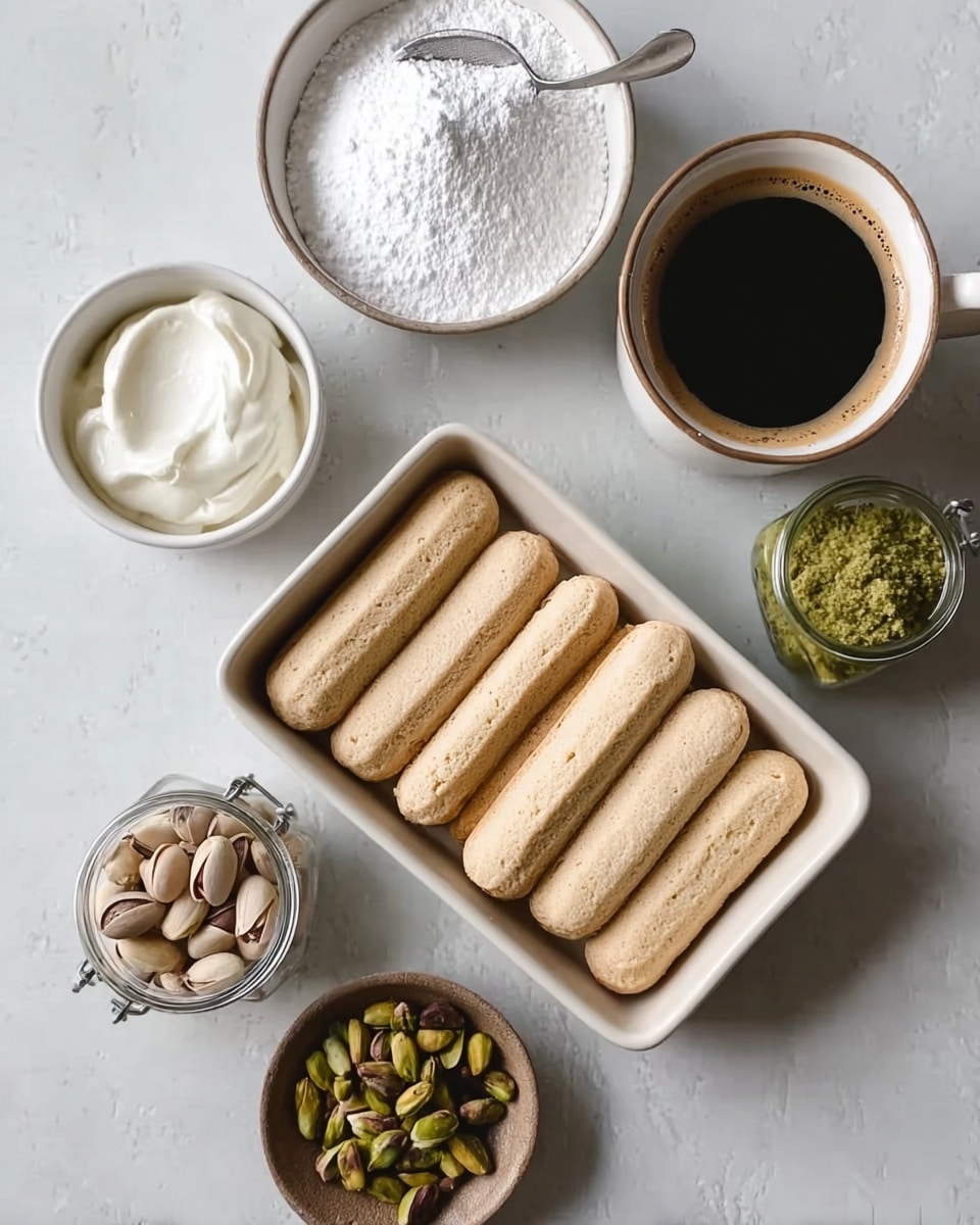 The image shows a white ceramic rectangular dish filled with two rows of light brown ladyfinger biscuits laid side by side. Around the dish, there are small bowls containing various ingredients: a white bowl filled with powdered sugar, a white bowl with thick cream, a white cup with black coffee or espresso, a dark bowl filled with pistachio nuts, and a jar of green pistachio paste. Everything is placed on a white marbled surface, giving a clean and bright look. A woman's hand could be seen holding the dish. Photo taken with an iphone --ar 4:5 --v 7