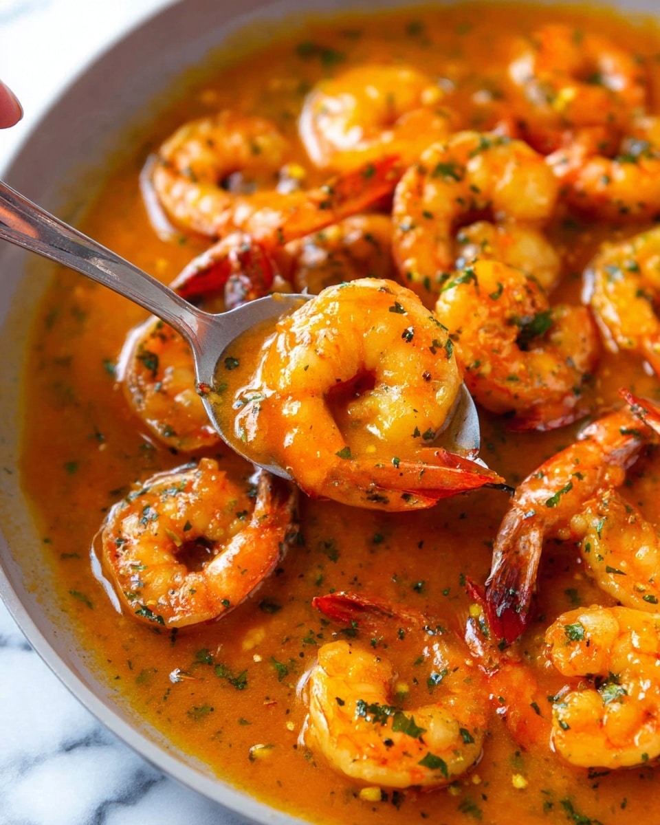 The image shows a close-up of cooked shrimp covered in a bright orange sauce with visible herbs, resting in a shallow dish. The shrimp are plump, slightly curved, and have a shiny texture from the sauce, which pools around them. A silver spoon, held by a woman's hand, is scooping some of the sauce, showing its smooth and slightly thick consistency with small green herbs mixed in. The background features a white marbled texture. photo taken with an iphone --ar 4:5 --v 7