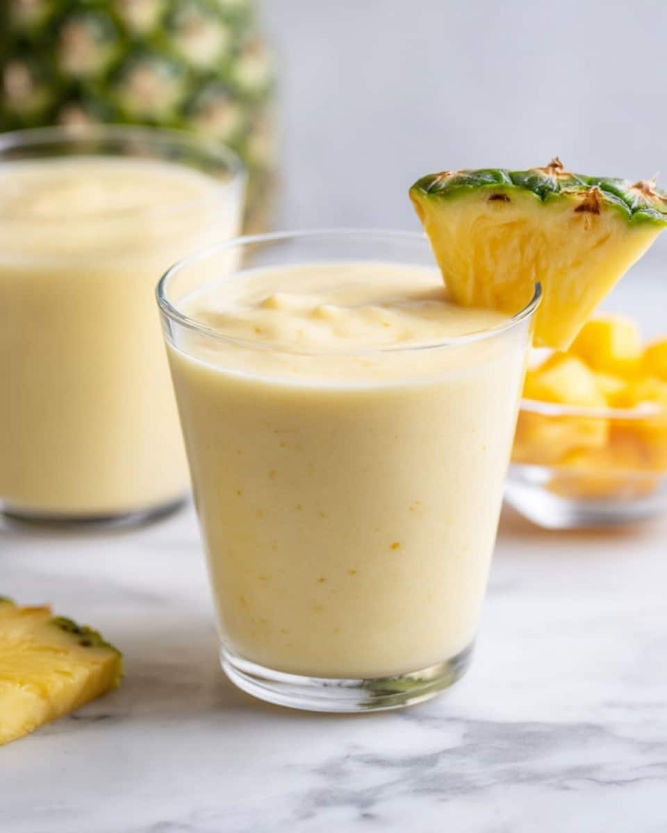 A clear glass filled with a creamy pale yellow smoothie, smooth texture with tiny visible specks inside, placed on a white marbled surface. A fresh pineapple wedge with green skin and yellow flesh rests on the rim of the glass. In the blurry background, there is another glass with the same smoothie and a small clear bowl containing bright yellow pineapple chunks. photo taken with an iphone --ar 4:5 --v 7