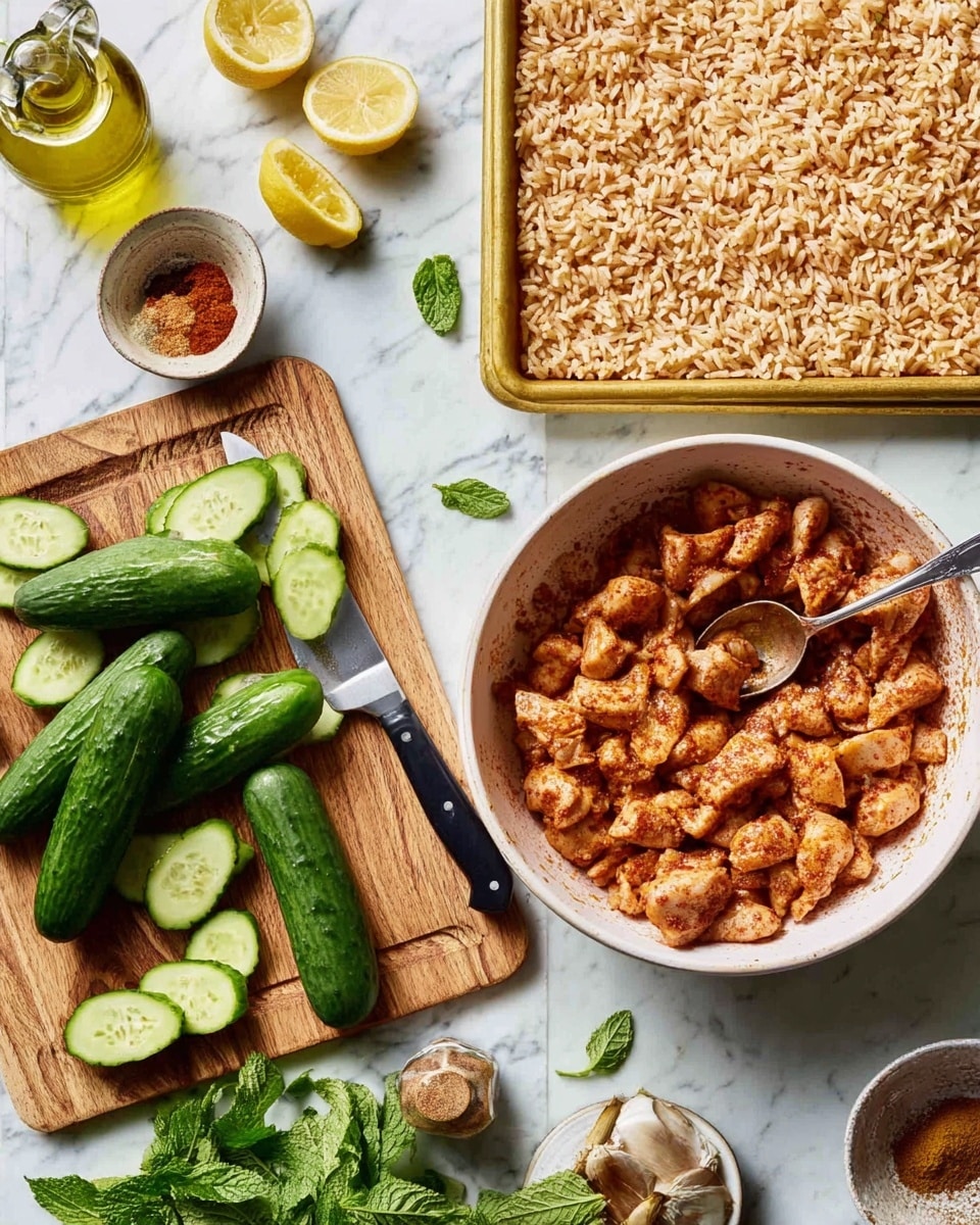 The image shows a white ceramic bowl filled with marinated raw chicken pieces that have a reddish-brown color from the spices, with a metal spoon inside the bowl. Next to the bowl is a golden tray with cooked rice spread evenly, light brown in color. On the left side, there is a wooden cutting board placed on a white marbled surface, with four whole green cucumbers and several cucumber slices scattered on it, along with a small black-handled knife. Fresh green mint leaves are near the cutting board. Small bowls with ground spice powder, lemon wedges, and mixed spices, along with a small bottle of olive oil, surround the main items. The scene is neatly arranged and well lit, capturing a fresh cooking setup photo taken with an iphone --ar 4:5 --v 7