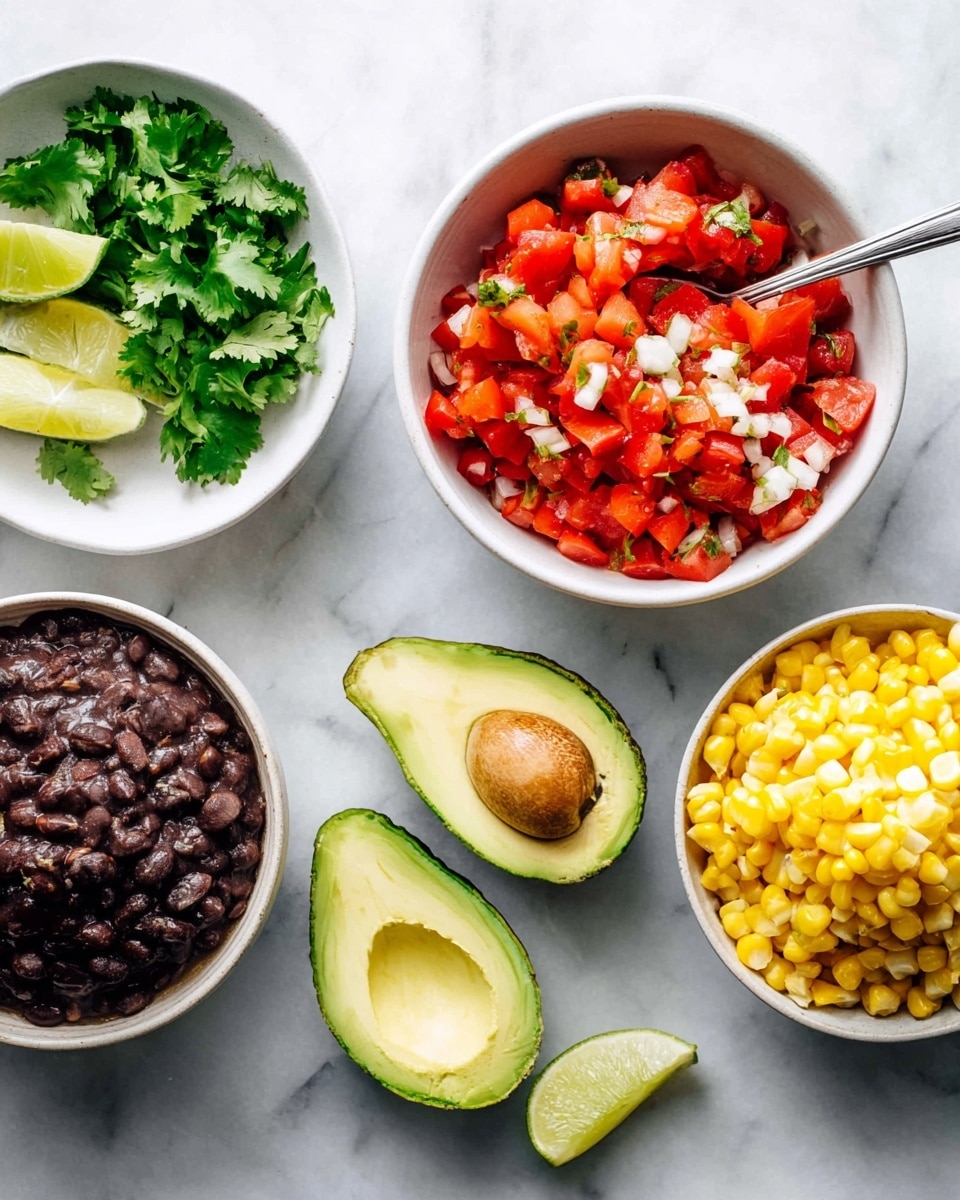 The image shows a fresh and colorful food arrangement on a white marbled surface. At the center top, there is a white bowl filled with bright red diced tomatoes mixed with small pieces of green herbs and white onion bits, with a spoon inside. To the right is a white bowl filled with bright yellow corn kernels. Below left, there is another white bowl with dark mashed black beans and a spoon resting inside. In the middle left, two halves of a ripe avocado are placed showing the green flesh and brown seed. At the top left, a smaller white bowl holds fresh green cilantro leaves and lime wedges. The overall colors are vibrant with red, yellow, green, white, and dark brown all contrasting nicely. photo taken with an iphone --ar 4:5 --v 7