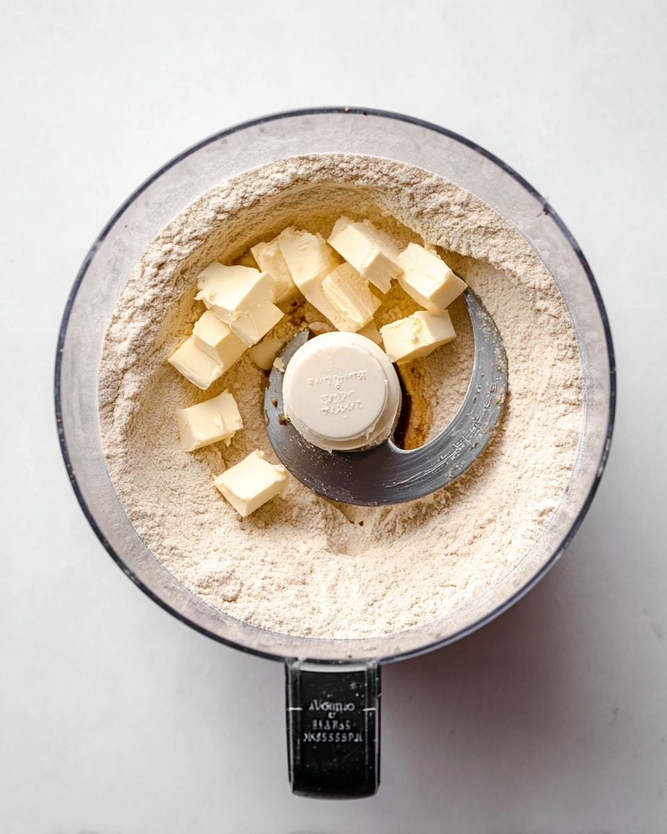 A clear food processor bowl sits on a white marbled surface, filled with a layer of light beige flour that covers most of the bottom. On top of the flour, there are small cubes of pale yellow butter scattered, with a few streaks of brown liquid, likely vanilla or syrup, running through the butter pieces. The sharp, curved silver blade of the processor is visible in the center, with its text markings faintly showing. The bowl’s black locking handle is seen on the side, adding contrast to the scene. photo taken with an iphone --ar 4:5 --v 7