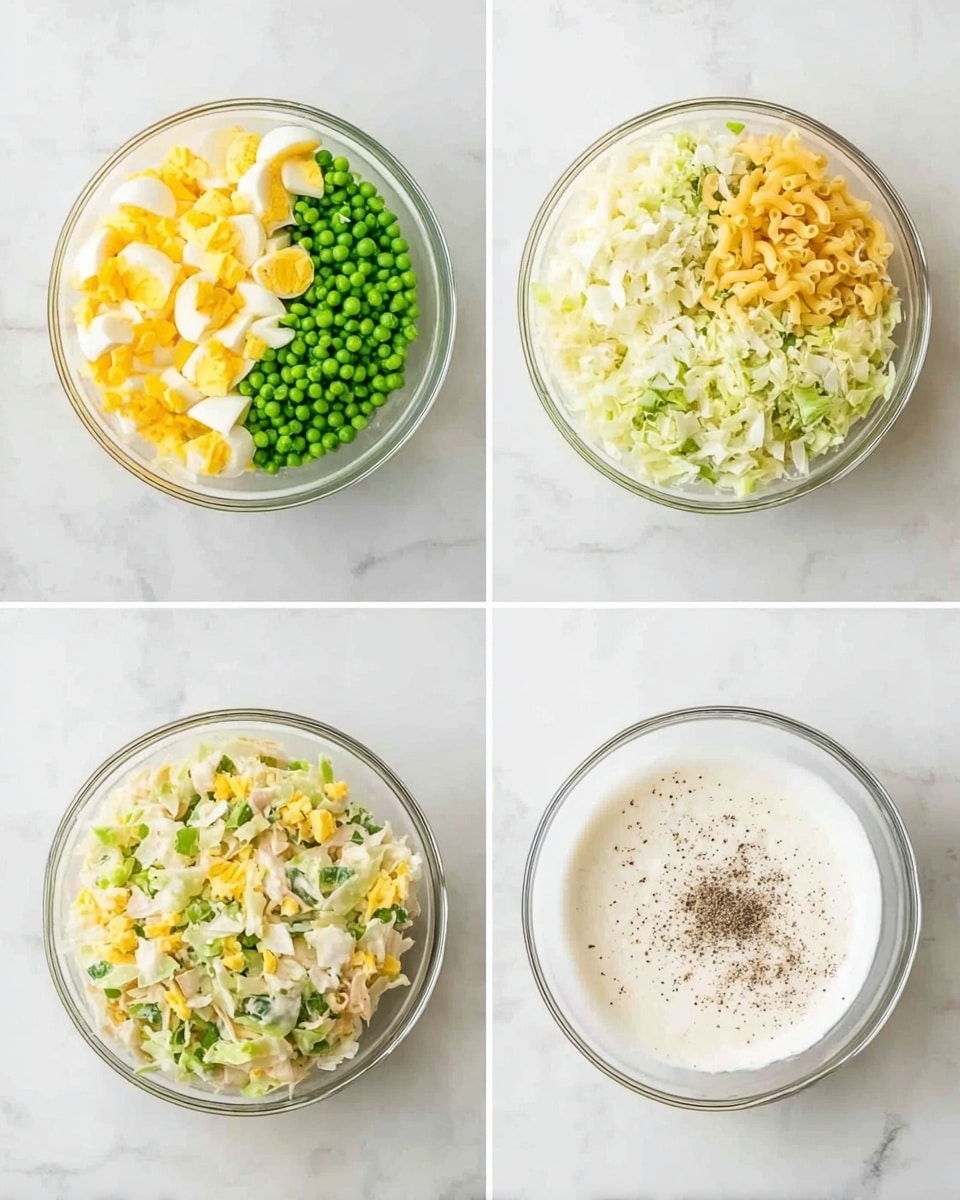 The first image shows a clear glass bowl with five separate layers arranged in sections: chopped boiled eggs in yellow at the top left, green peas and celery in bright green at the bottom left, finely chopped onions in white at the bottom right, shredded light green cabbage in the middle, and small yellow macaroni pasta at the top right. The second image shows the same bowl after all ingredients are mixed together, creating a mixed salad with yellow, green, and white pieces evenly spread. The third image shows a smaller clear glass bowl with a white creamy mixture, black pepper, and white sugar or salt on a white marbled surface. Photo taken with an iphone --ar 4:5 --v 7