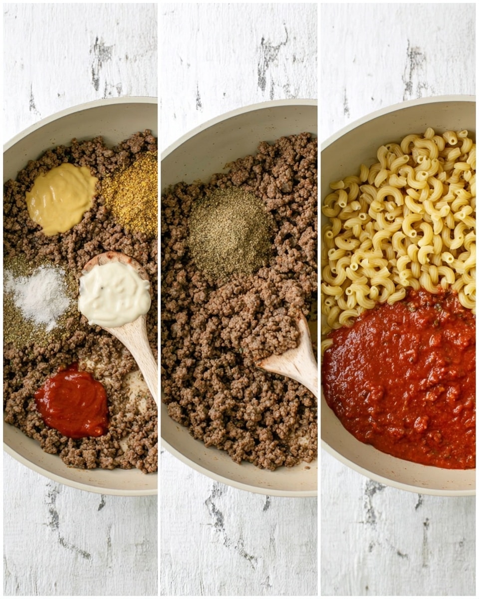 The first part of the image shows a white cooking pan with cooked ground beef as the base layer, topped with several dollops of different seasonings including light yellow, red, and creamy white powders and sauces, with a wooden spoon resting on the beef. The middle part of the image shows the same pan where the ground beef is fully mixed with the seasonings, showing a uniform crumbly texture and a browned color, with the wooden spoon still inside. The last part shows the pan filled halfway with cooked elbow macaroni on the right side, the seasoned beef on the bottom left, and a smooth layer of red tomato sauce poured over the beef, with the wooden spoon placed over the macaroni. All parts are set on a white marbled surface. Photo taken with an iphone --ar 4:5 --v 7