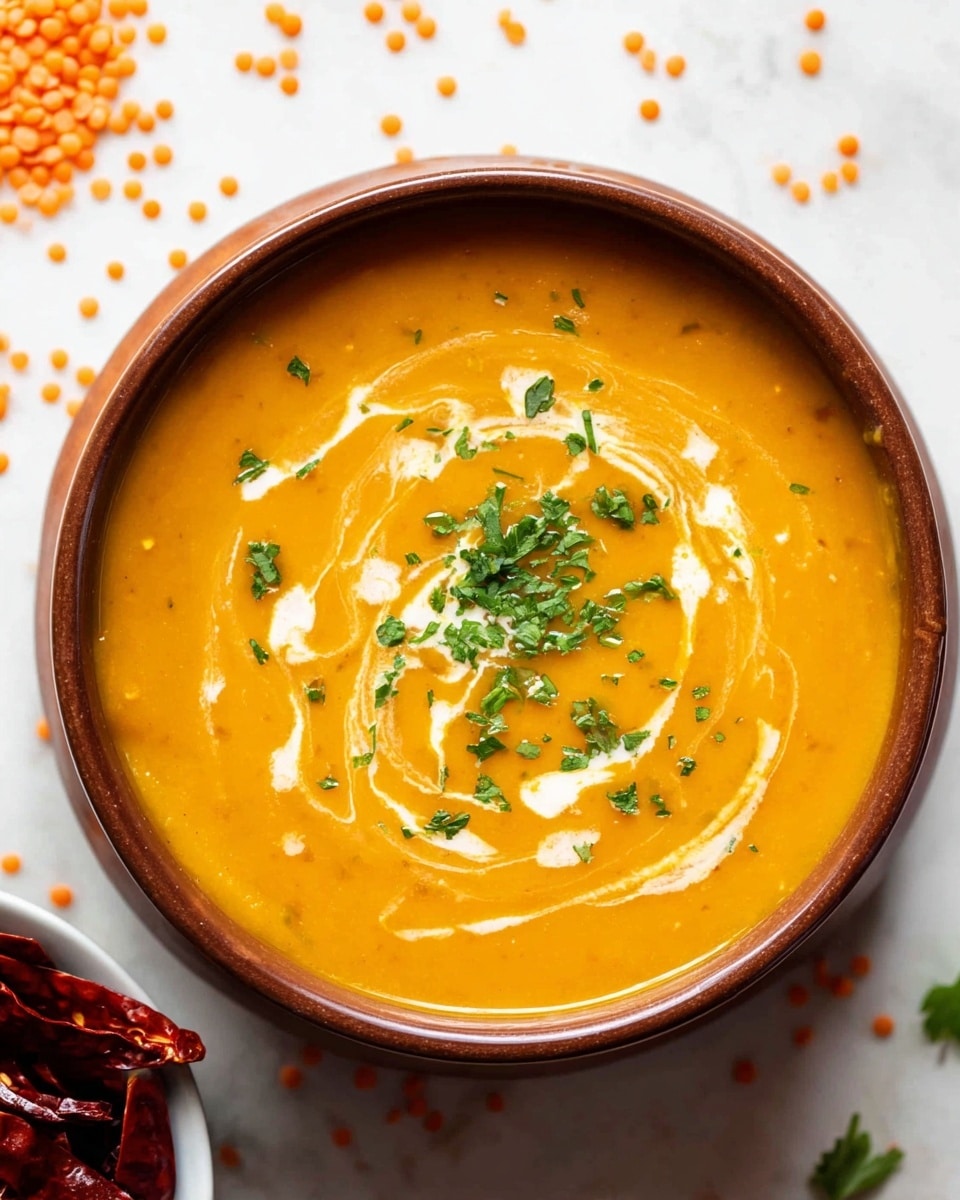 A brown bowl filled with smooth, thick orange soup sits on a white marbled surface. The soup has swirls of white cream, creating a soft pattern on the surface. Small green chopped herbs are sprinkled evenly on top of the soup, adding a fresh touch. Around the bowl, there are scattered red lentils which add more color to the scene. In the corner, part of a white bowl filled with dried red chilies is visible. The photo is bright and clear, taken with an iphone --ar 4:5 --v 7