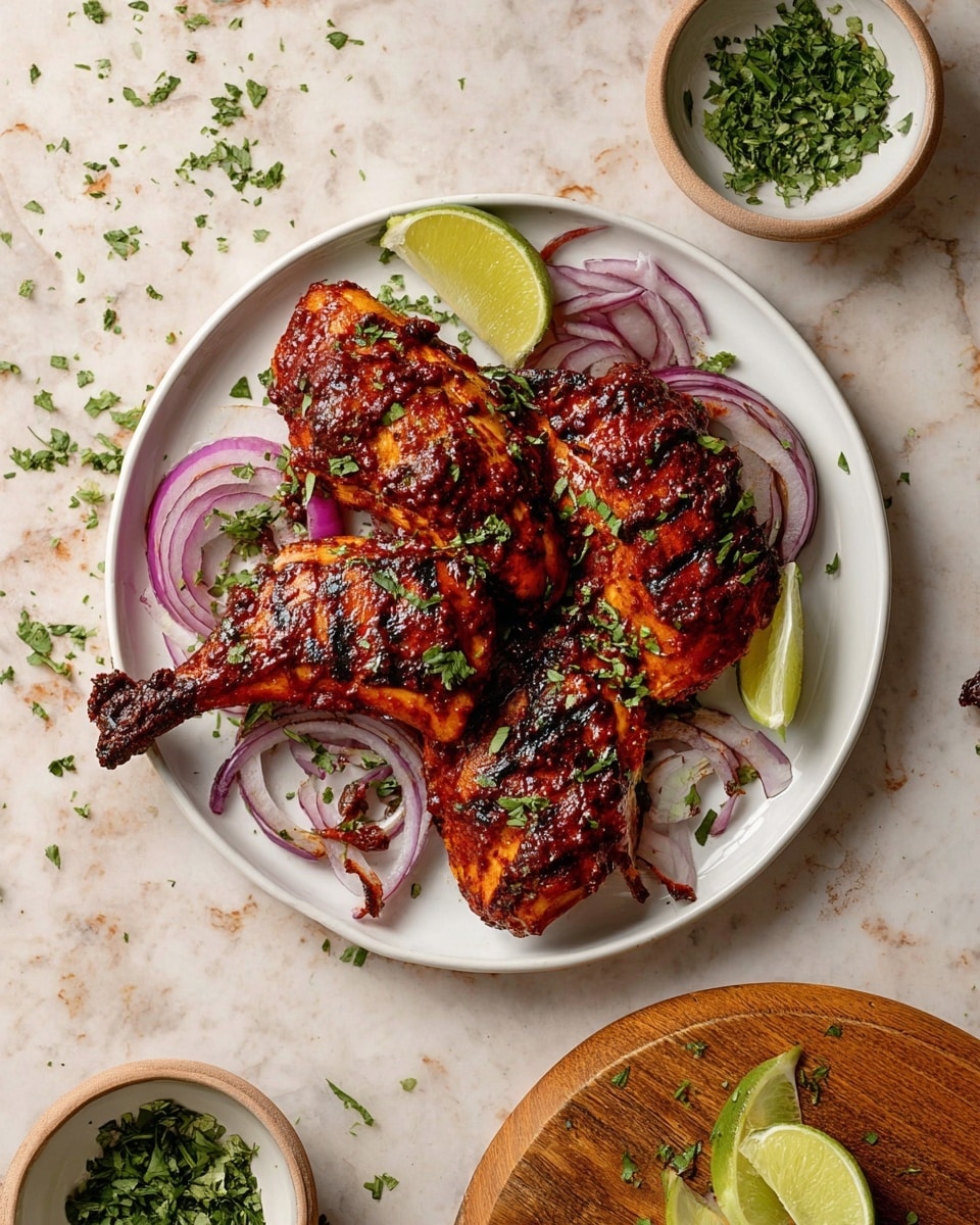 Three pieces of grilled chicken with a dark red, slightly charred spicy sauce sit on a large white plate. They are arranged in a loose triangle, with slices of thin red onion scattered underneath and around them, adding a translucent purple layer. A small quarter of lime rests on the top edge of the plate, and finely chopped green herbs are sprinkled over the chicken and the plate. Nearby are two small white bowls, one filled with more chopped herbs and the other with lime wedges, placed on a wooden board next to the plate. The background surface is a white marbled texture, with bits of chopped herbs sprinkled around. Photo taken with an iphone --ar 4:5 --v 7