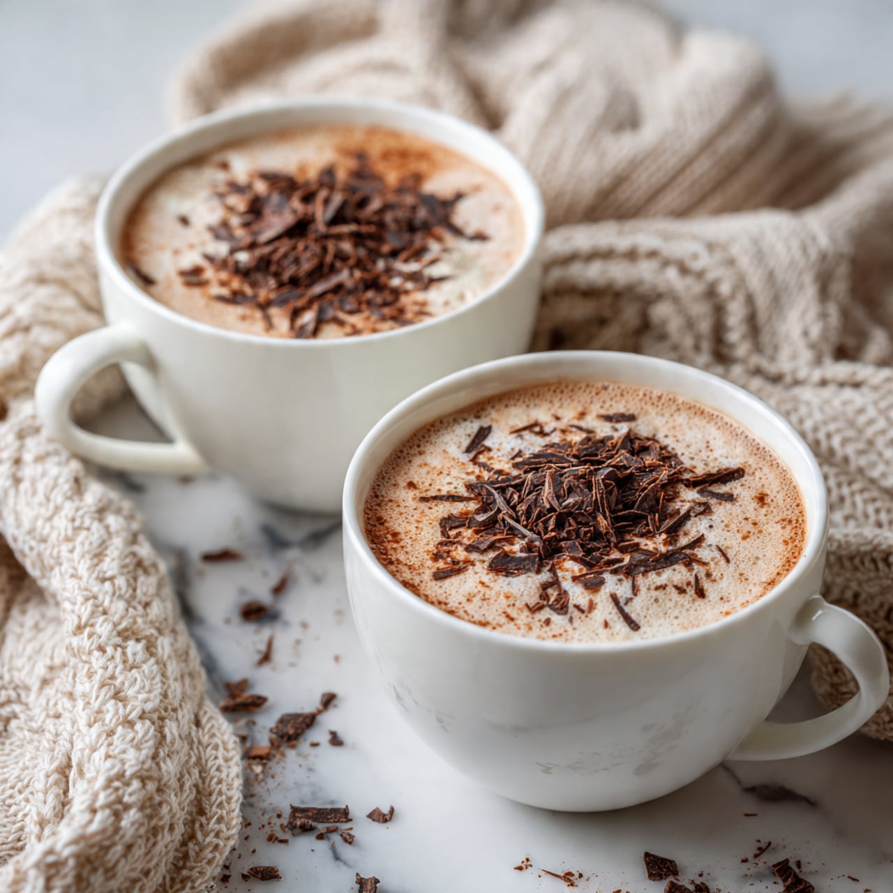 Two white cups filled with creamy light brown hot chocolate topped with a layer of frothy foam, sprinkled with dark brown chocolate shavings and a dusting of cinnamon powder. The cups rest on a white marble surface with scattered chocolate shavings around them. A soft beige knitted cloth is draped nearby, adding warmth to the scene. photo taken with an iphone --ar 4:5 --v 7