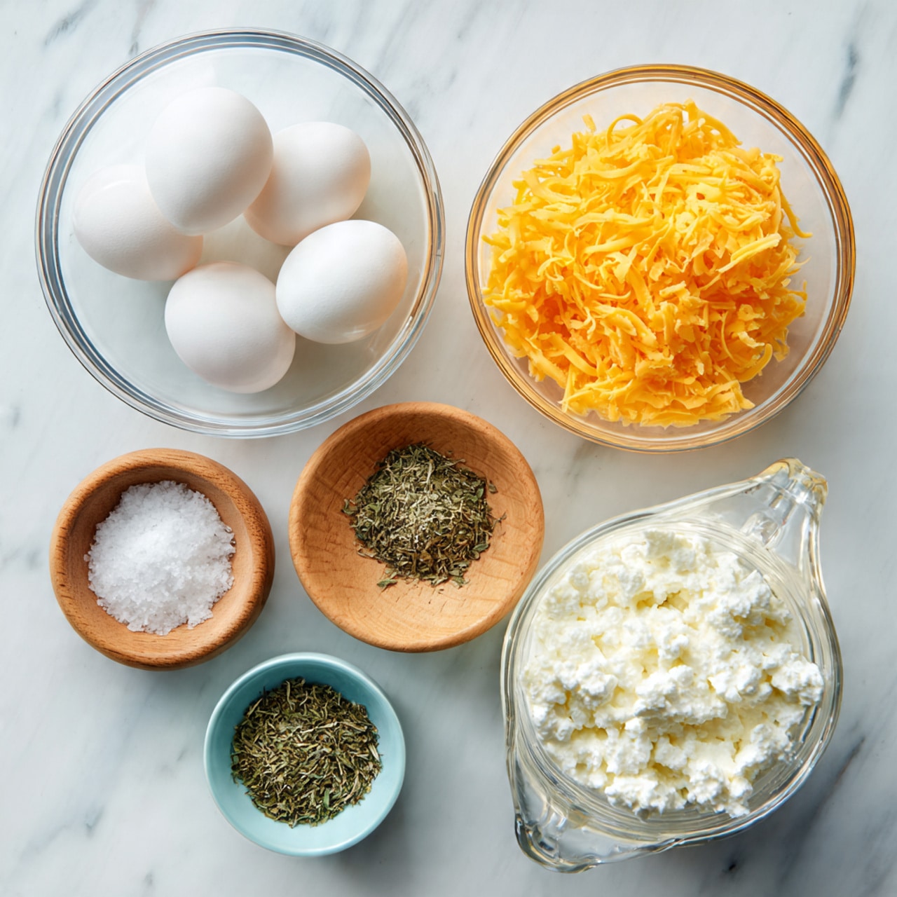 The image shows six whole white eggs in a clear glass bowl placed at the top left, shredded bright orange cheddar cheese in a clear glass bowl to the top right, a small round wooden bowl with white salt grains at the bottom left, a small round light blue bowl with green dried herbs in the center bottom, and a clear glass pitcher filled with white thick cottage cheese at the bottom right, all arranged on a white marbled surface. photo taken with an iphone --ar 4:5 --v 7