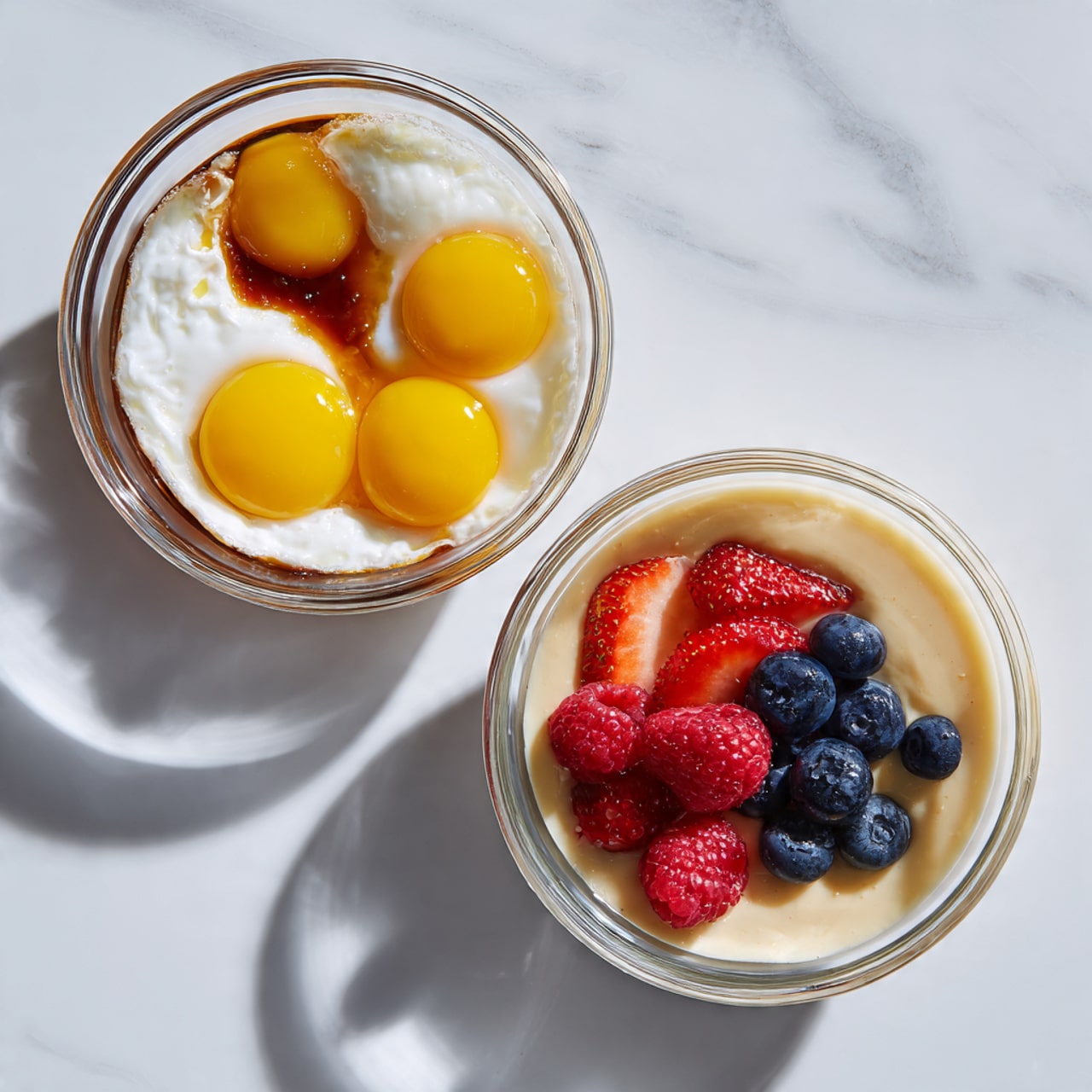 The image shows two clear glass bowls on a white marbled surface. The bowl on the left has six raw eggs with bright yellow yolks, white cream dolloped on top, and a dark brown liquid, possibly syrup or sauce, spread on one side. The bowl on the right contains a smooth, creamy light beige mixture with a small pile of fresh berries in the center, including red strawberries halved, whole blueberries, and raspberries. The colors contrast nicely with the transparent bowls and white marbled surface photo taken with an iphone --ar 4:5 --v 7