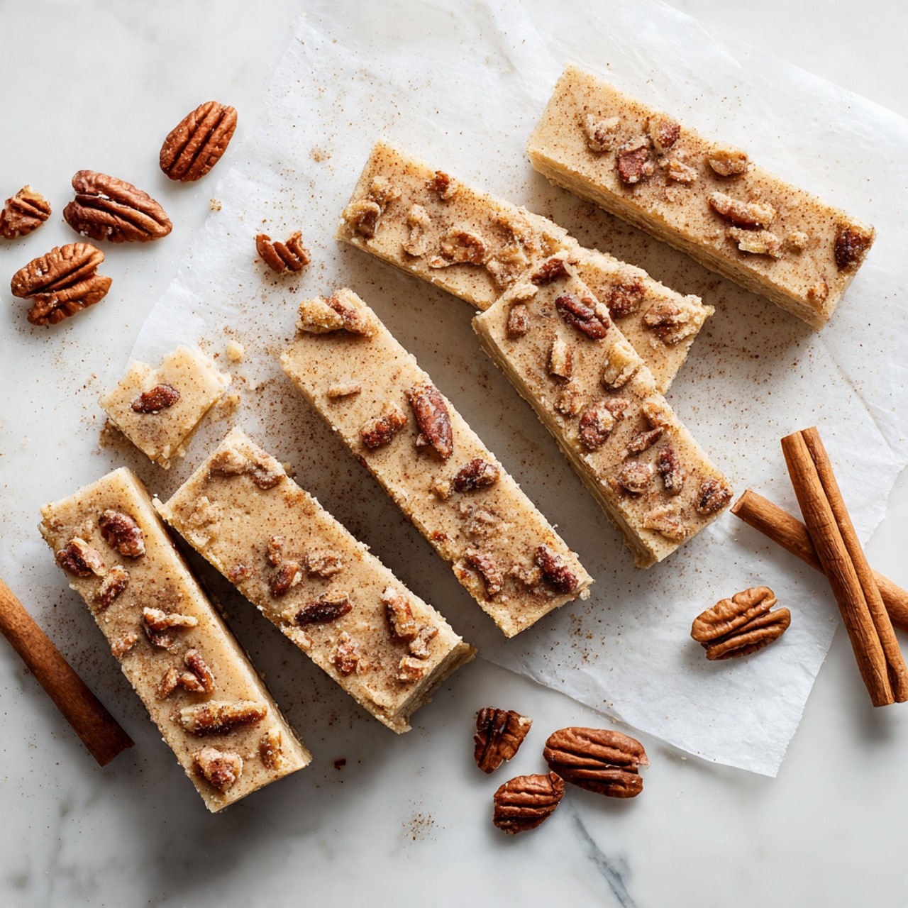 The image shows seven rectangular bars arranged on white parchment paper over a white marbled surface. Each bar has a light brown color with a soft, slightly textured surface. Pieces of pecans and cinnamon-coated chunks are spread evenly on the top layer, giving it a crunchy look. Around the bars, some whole pecans and cinnamon sticks are scattered. The bars look thick and solid with a single uniform layer, and the color tones range from beige to warm brown. The photo is taken from above with natural light, making the texture and ingredients clear photo taken with an iphone --ar 4:5 --v 7