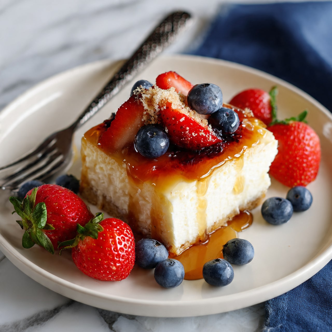 A square piece of creamy yellow cheesecake with visible blueberries and a strawberry slice inside, topped with a shiny layer of golden syrup, sits in the center of a white plate. Around the cake are several fresh, whole red strawberries with green tops and a small pile of plump blue blueberries. To the left of the cheesecake is a dark fork with a textured handle. The plate is set on a white marbled surface with part of a blue cloth visible at the bottom right corner. photo taken with an iphone --ar 4:5 --v 7