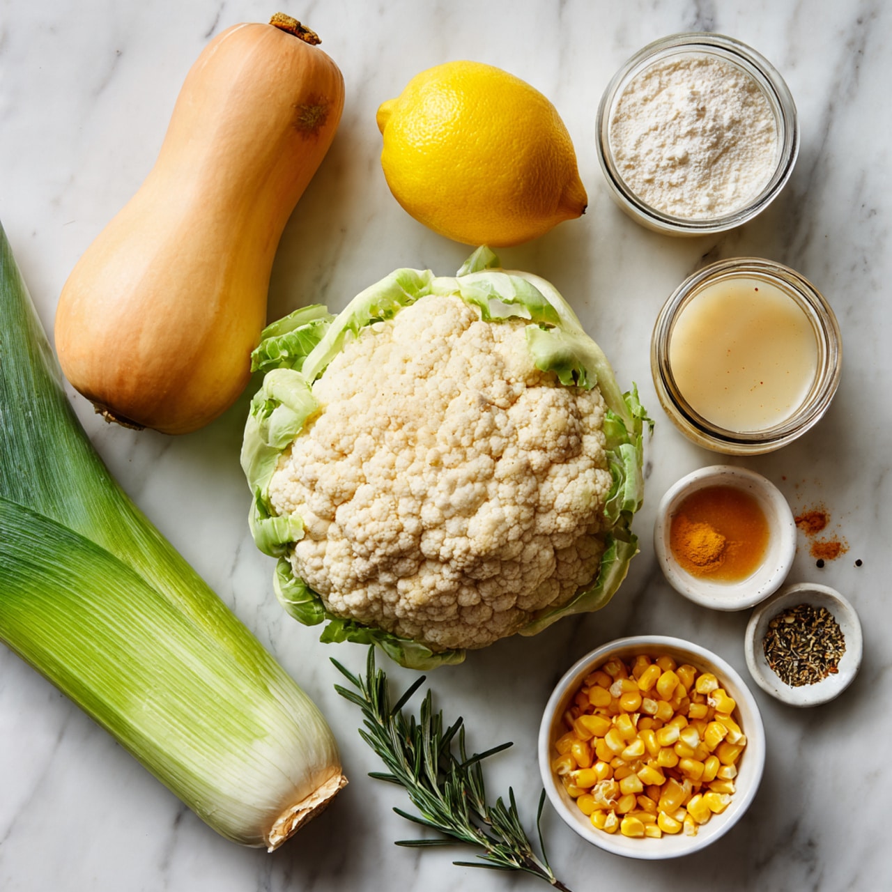 The image shows a collection of fresh ingredients arranged neatly on a white marbled surface. At the center is a whole head of cauliflower, with a light cream color and a bumpy texture. To the left, a long butternut squash with a smooth, tan skin stands upright. Above the cauliflower, a bright yellow lemon adds a pop of color. A large green leek lies horizontally below the cauliflower, its layered green leaves providing contrast. Surrounding these main items are small white bowls holding flour, fresh rosemary sprigs, pepper, pumpkin puree, and corn kernels, plus two jars filled with light brown broth and creamy white liquid. The overall look is clean and fresh, suggesting natural cooking ingredients. Photo taken with an iphone --ar 4:5 --v 7