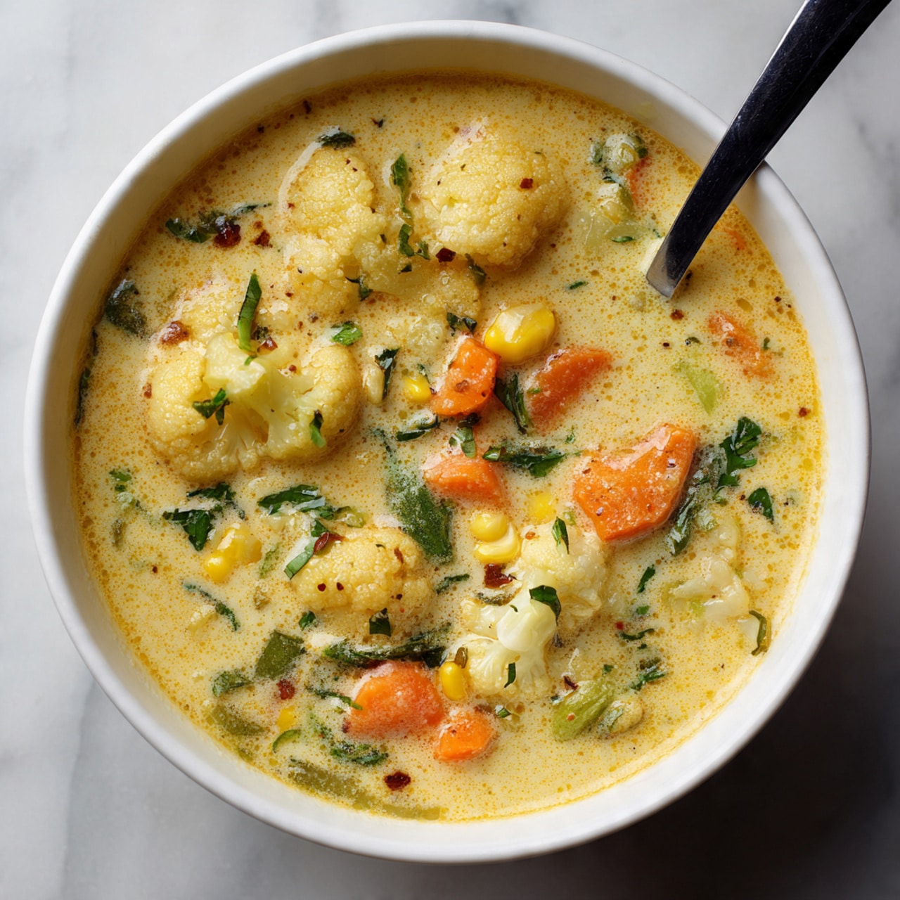 This image shows a white bowl filled with creamy soup on a white marbled surface. The soup has a thick, yellow-orange base with visible pieces of white cauliflower and bright orange carrot chunks scattered throughout. Small bits of green herbs and corn kernels float in the soup, adding texture and color contrast. A black ladle is resting inside the bowl, partly submerged in the soup. Photo taken with an iphone --ar 4:5 --v 7