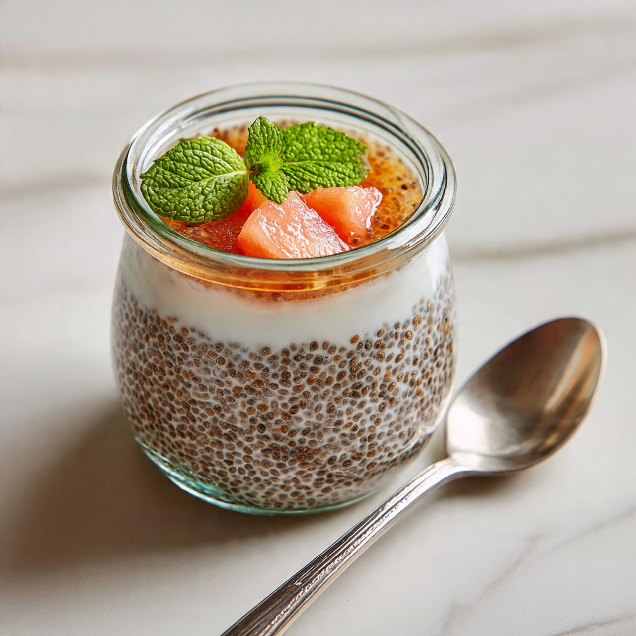 The image shows a close-up view of a glass jar filled with three main layers. At the bottom is a creamy white layer, smooth in texture. On top of that lies a thin, bright orange layer that looks like a slice of fruit, possibly peach or nectarine, with a slightly shiny surface. Garnishing the top is a small bunch of fresh, green mint leaves, adding a pop of color. The jar sits on a white marbled surface, and next to it, there is a white spoon partially visible. photo taken with an iphone --ar 4:5 --v 7