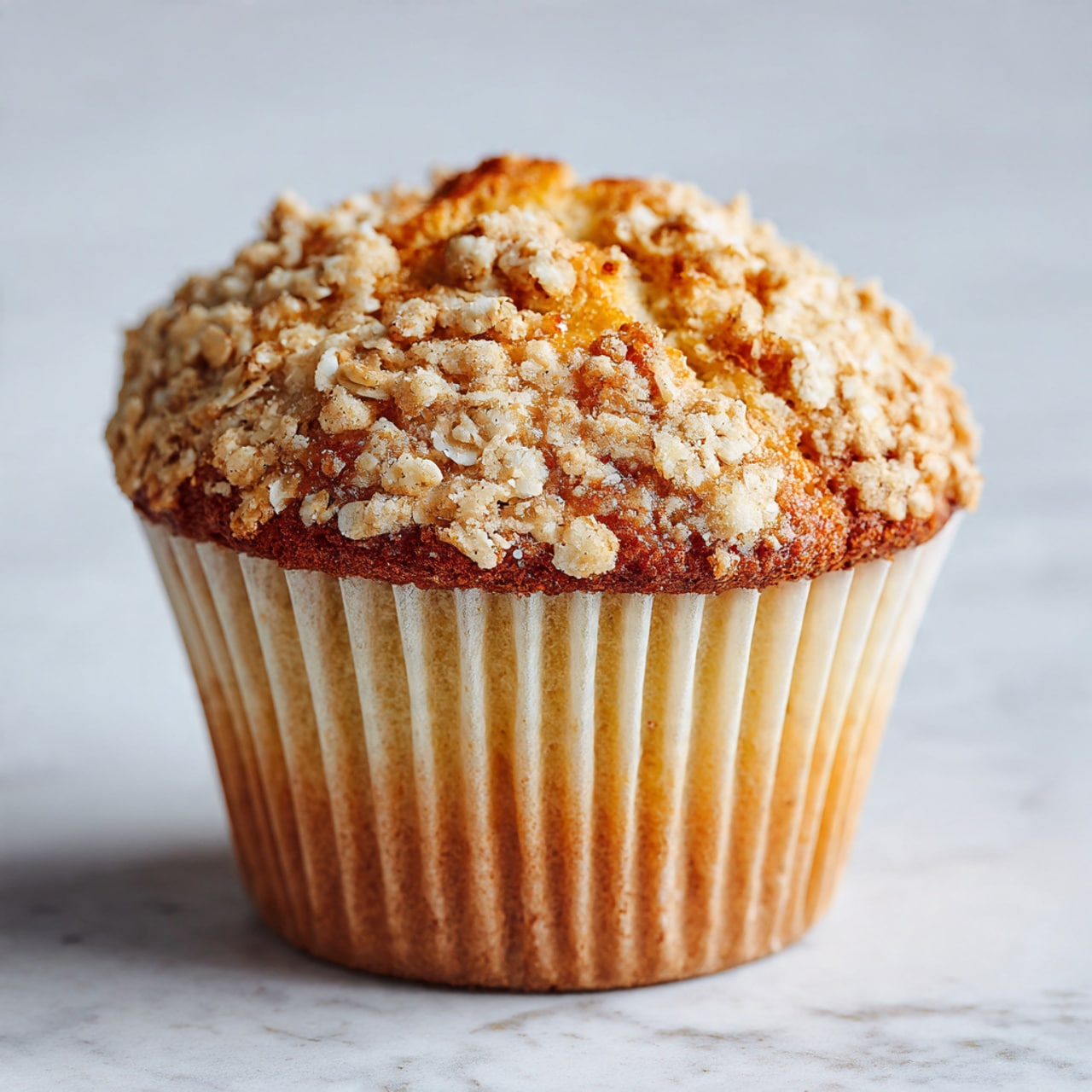 A single muffin sits centered on a white marbled surface, wrapped in a light beige paper liner with vertical ridges. The muffin has two main visual layers: the base is a soft, golden brown cake with a slightly darker gradient near the bottom, and the top is a crumbly, textured layer with visible oat flakes scattered unevenly, giving a rough, crunchy appearance. The oats vary in size and add a rustic golden hue that contrasts with the smoother, lighter base layer. The background is softly blurred white marbled, keeping full attention on the muffin photo taken with an iphone --ar 4:5 --v 7