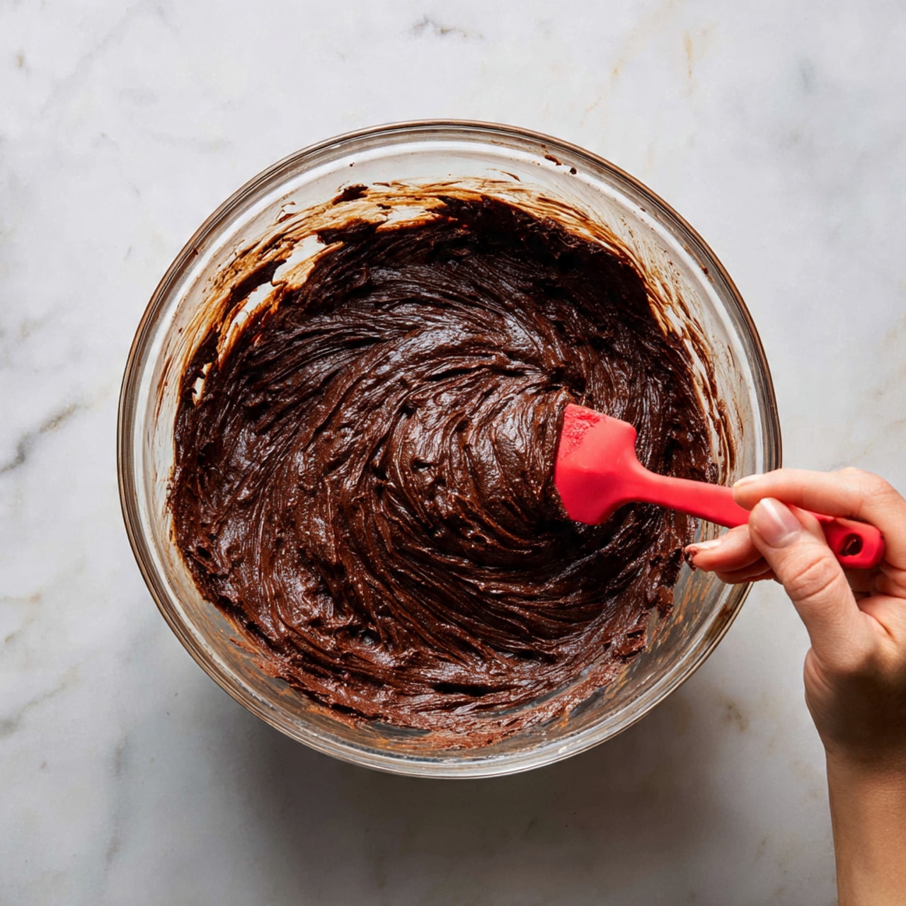 A clear glass bowl filled with thick, dark brown chocolate batter that has a slightly shiny, smooth texture mixed with small clumps. A red spatula is partially visible, stirring the batter in the bowl. The bowl sits on a white marbled surface with some streaks of batter around its edges. A woman's hand is holding the spatula, mixing the thick chocolate batter inside the bowl photo taken with an iphone --ar 4:5 --v 7