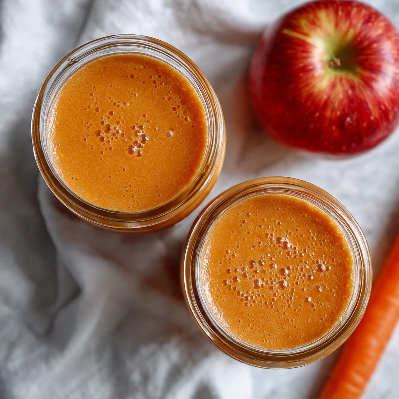 The image shows two glass jars filled with a smooth, orange-colored smoothie that has small bubbles on the surface. One jar is fully visible from the top center, and the other is partly visible in the top left corner. To the right, there is a red apple with light yellow spots, resting on a soft white cloth with folds. A small part of a bright orange carrot is visible at the bottom right, near the edge of the scene. Everything is placed on a white marbled textured surface. photo taken with an iphone --ar 4:5 --v 7