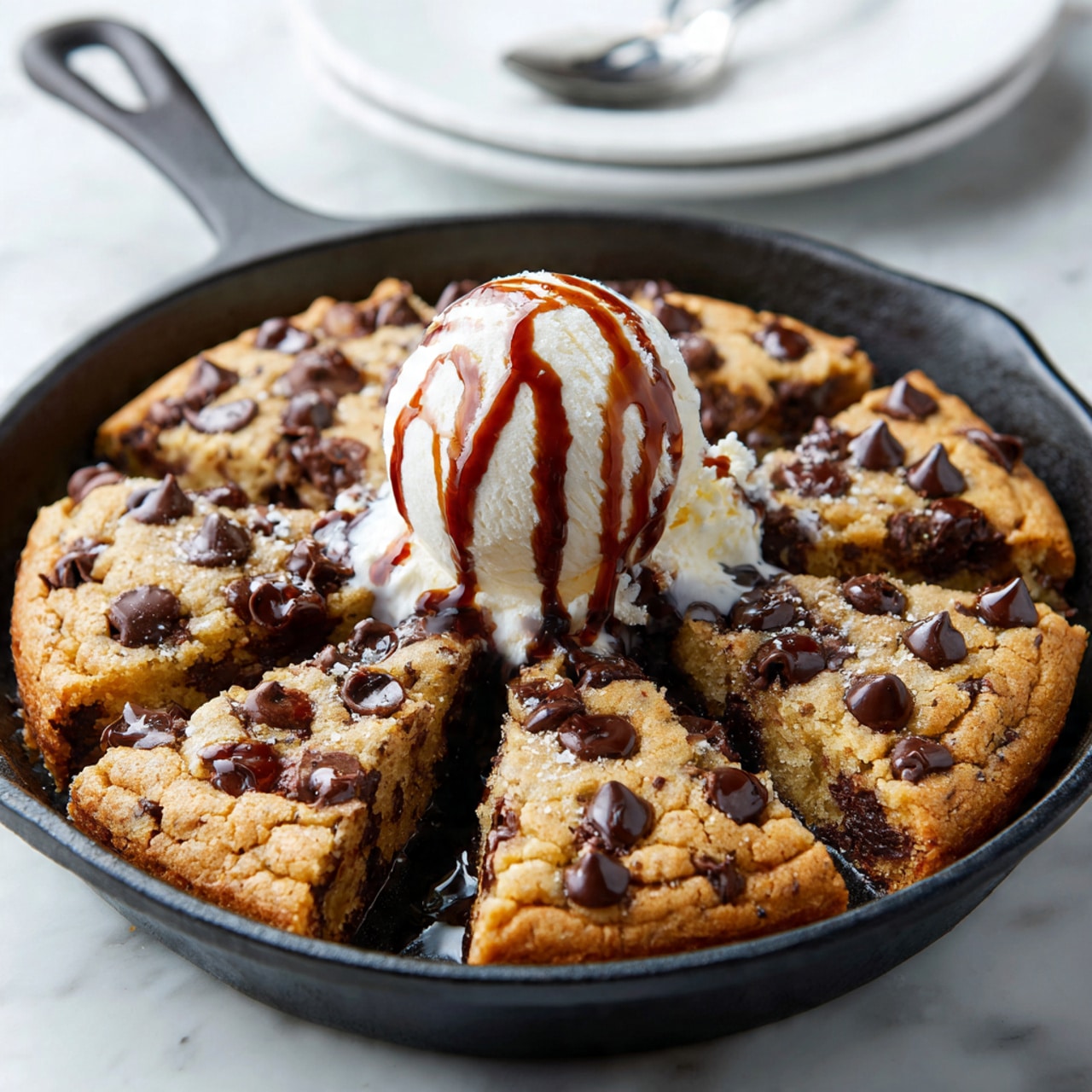 A round chocolate chip cookie sliced into six wedges inside a black cast iron skillet, with a scoop of white ice cream on top of the cookie in the center. The ice cream is drizzled with rich dark brown chocolate syrup that slightly melts and runs down the cookie surface. The cookie itself is golden-brown with numerous semi-sweet chocolate chips unevenly spread on top, showing a soft and slightly crumbly texture. The skillet rests on a white marbled surface, and in the background is a white plate with a spoon partially visible. photo taken with an iphone --ar 4:5 --v 7
