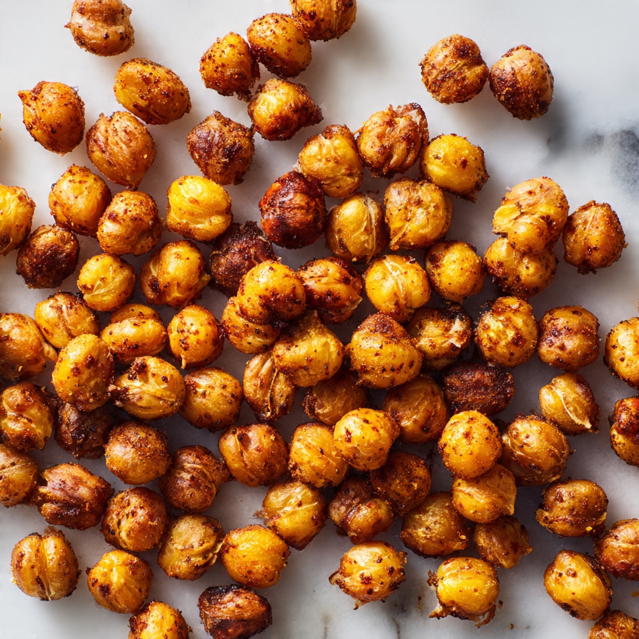 The image shows many roasted chickpeas scattered on a white marbled surface. Each chickpea is golden brown with some darker brown spots and a slightly crispy, textured coating that looks spicy or seasoned. The chickpeas are uneven in shape and size but packed closely together, highlighting their crunchy exterior and warm color tones. photo taken with an iphone --ar 4:5 --v 7