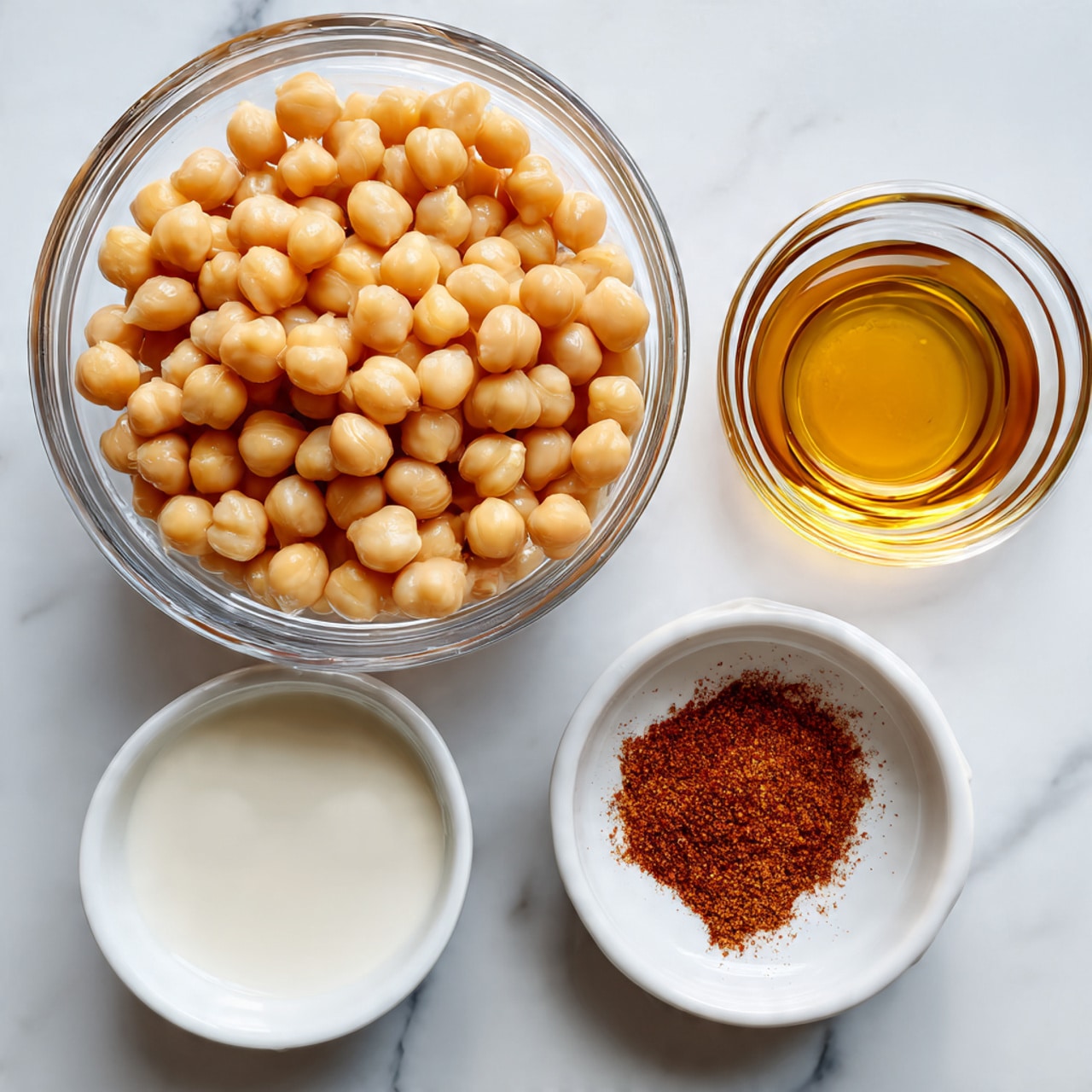 A clear glass bowl filled with a light tan pile of round chickpeas is placed in the center on a white marbled surface. Around it, there are three small white bowls: the top right one holds a smooth white liquid, the bottom right one contains a small mound of reddish-brown spice powder, and the left one has a golden amber syrup-like liquid. The arrangement is simple and clean, with soft natural lighting highlighting the textures and colors of the ingredients. Photo taken with an iphone --ar 4:5 --v 7