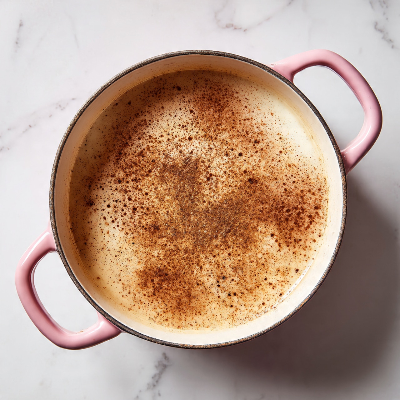 A close-up of a pink pot on a white marbled surface filled with a light creamy liquid topped with a layer of brown cinnamon powder scattered unevenly, some areas denser with powder than others, creating a soft texture contrast. The pot's shiny pink handles and white inside edge contrast with the dark surface beneath, while the liquid inside looks smooth and glossy. photo taken with an iphone --ar 4:5 --v 7