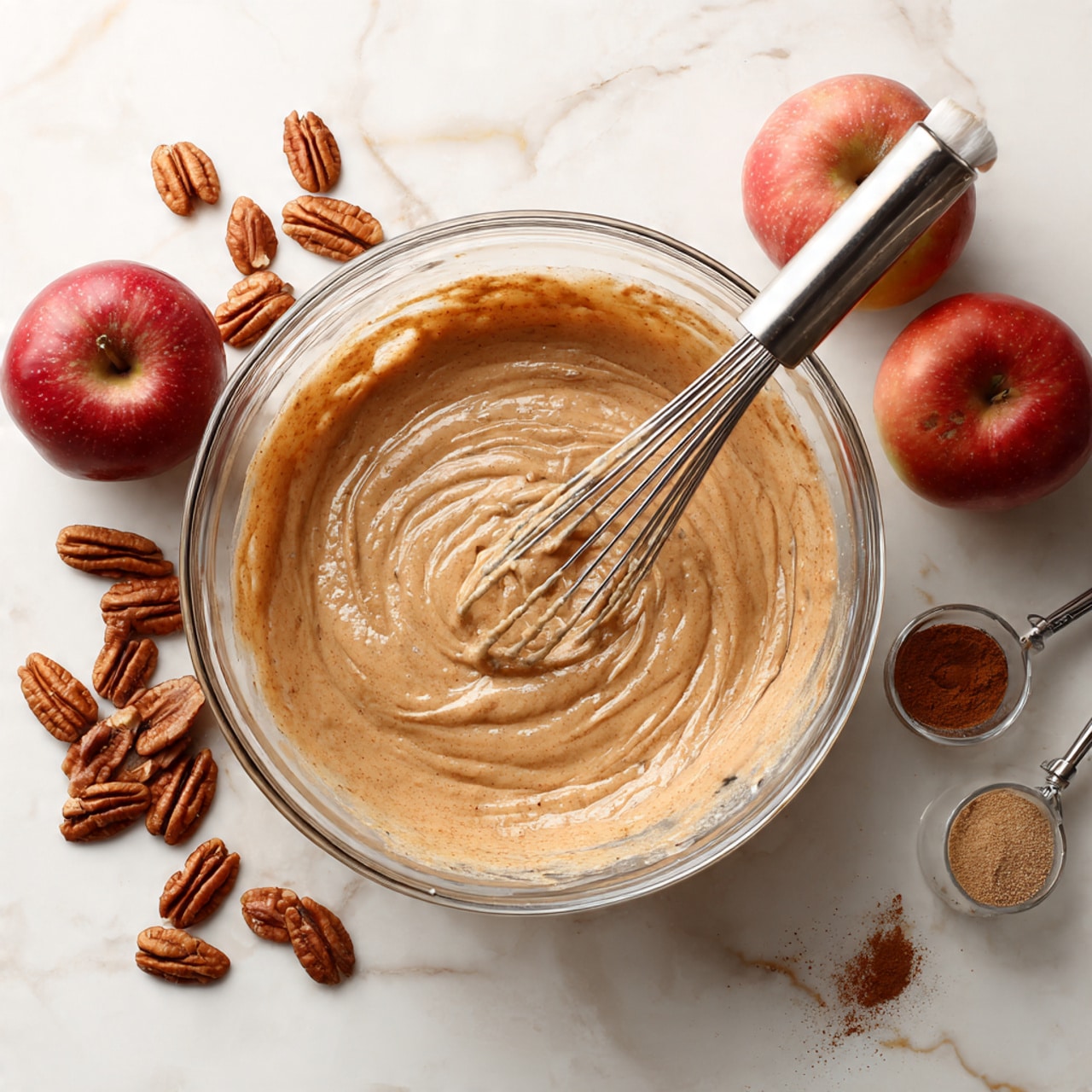 A clear glass bowl contains a thick, creamy light brown batter being mixed with a metal whisk resting inside. Around the bowl on a white marbled surface are scattered pecan halves, two whole red apples, and three measuring spoons filled with ground spices, including cinnamon and nutmeg. The batter has a smooth texture with visible swirl marks from the whisk. Photo taken with an iphone --ar 4:5 --v 7