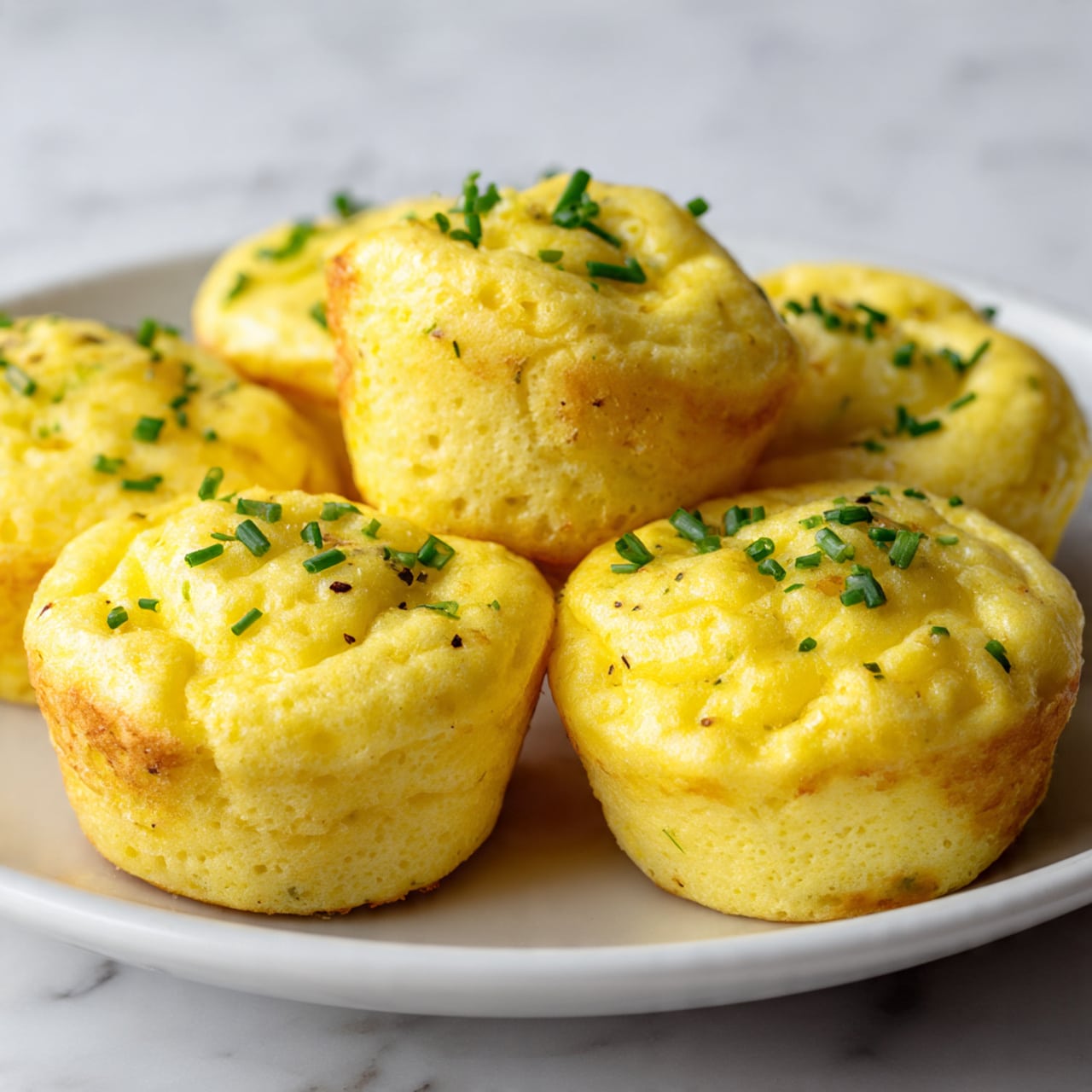 The image shows several soft yellow egg muffins arranged closely on a white plate. Each muffin has a smooth, slightly fluffy texture with a few small bubbles and a golden-yellow color. On the top of each muffin, there are small pieces of green garnish, likely chopped chives, adding contrast to the yellow surface. The muffins have a rounded shape with slightly raised edges, and the plate sits on a surface with a white marbled texture. Photo taken with an iphone --ar 4:5 --v 7