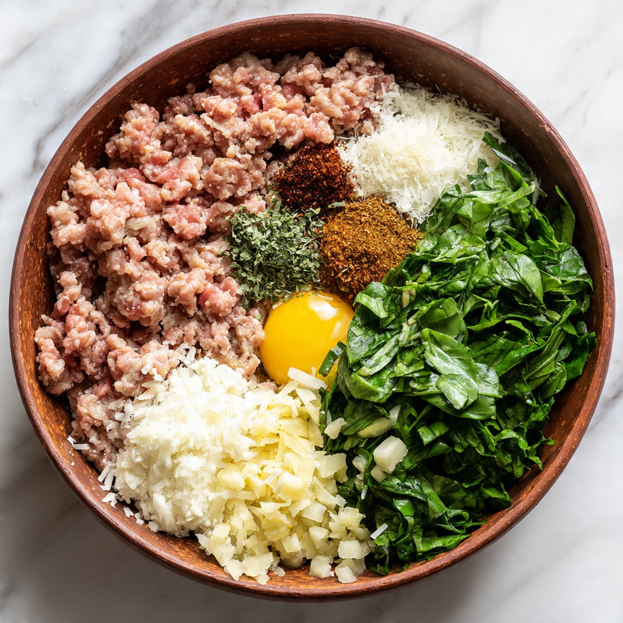 A brown bowl filled with layers of ingredients, starting with a pale pink ground meat on the left side covering almost half the bowl. On top of the meat are several piles of different spices, including light brown, white, and dark green shades, arranged in small clusters near the center. To the right of the spices, there is a large group of fresh chopped green spinach leaves. Below the spinach, there is a small pile of finely chopped light yellow garlic next to crumbled white cheese pieces. At the bottom, near the front edge of the bowl, a cracked raw egg yolk and white are visible, surrounded by more cheese and herbs. The bowl sits on a white marbled surface. Photo taken with an iphone --ar 4:5 --v 7