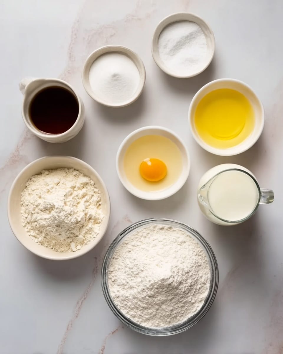 The image shows eight bowls and a small jug arranged neatly on a white marbled surface. In the center bottom is a clear glass bowl filled with white flour. To its right, a clear glass jug holds milk. Above the flour bowl, there are two smaller white bowls: one with a clear liquid (egg white) and another with a yellow liquid (melted butter). Above these, a small white bowl contains an egg yolk. To the left of the egg yolk, a white bowl holds fine white flour. To the right of the egg yolk, a white bowl is filled with sugar. At the top left, a white cup holds a dark liquid that looks like vanilla extract. All containers are simple and clean, placed on a smooth white surface. photo taken with an iphone --ar 4:5 --v 7