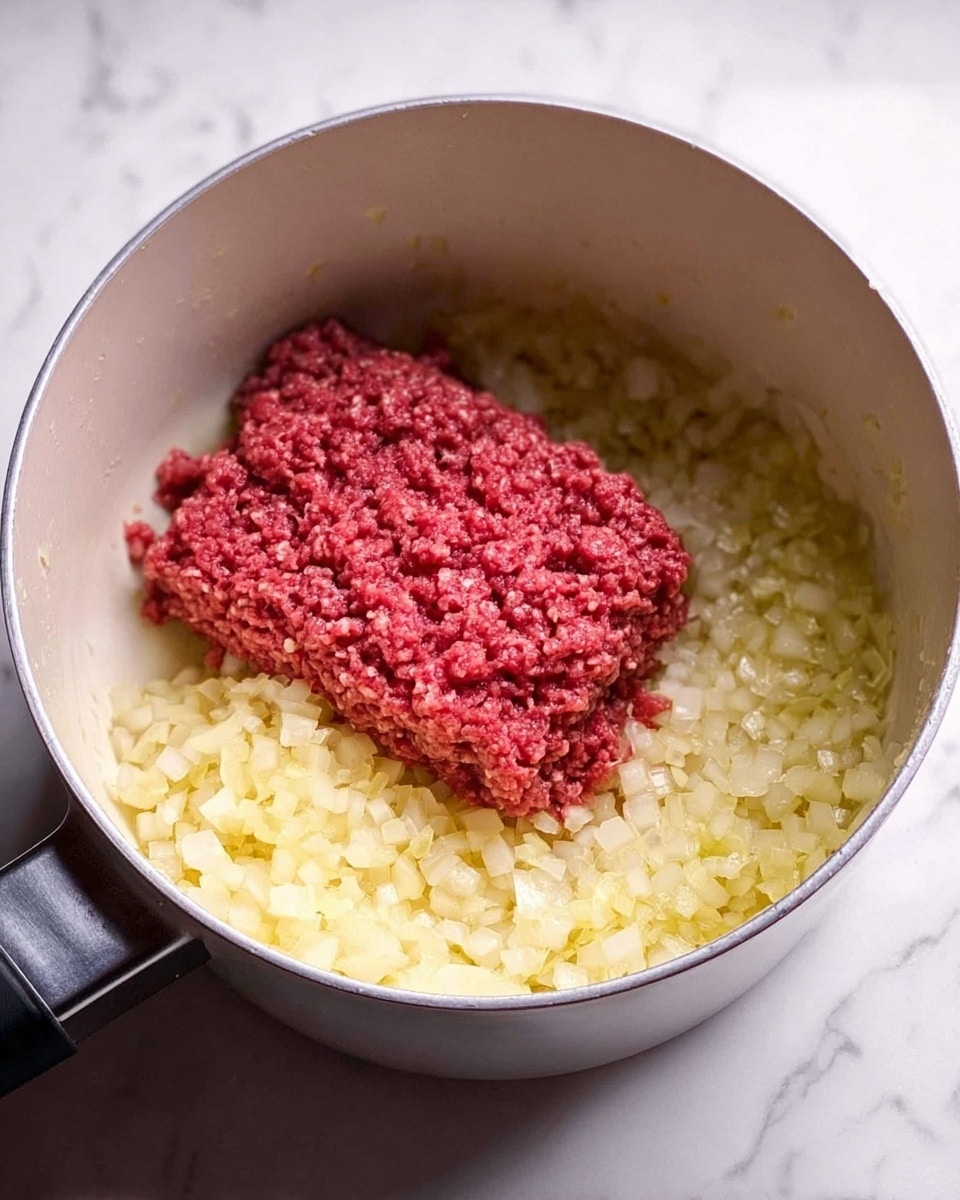 A white pot on a white marbled surface holds two main layers: the bottom layer is made of small, light yellow chopped onions spread out evenly across the pot’s base, and the top layer is a square block of raw, red ground meat placed on one side of the onions. The texture of the onions looks soft and slightly cooked, while the meat has a rough, granular texture. The pot has a simple design with a metal rim and a black handle photo taken with an iphone --ar 4:5 --v 7